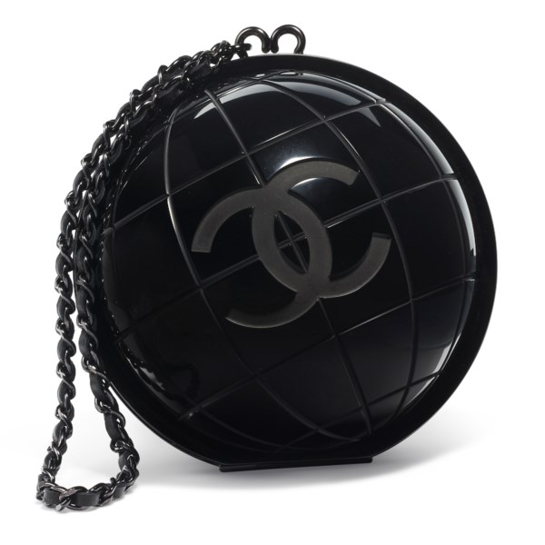 A RUNWAY BLACK LUCITE GLOBE EVENING BAG WITH BLACK HARDWARE