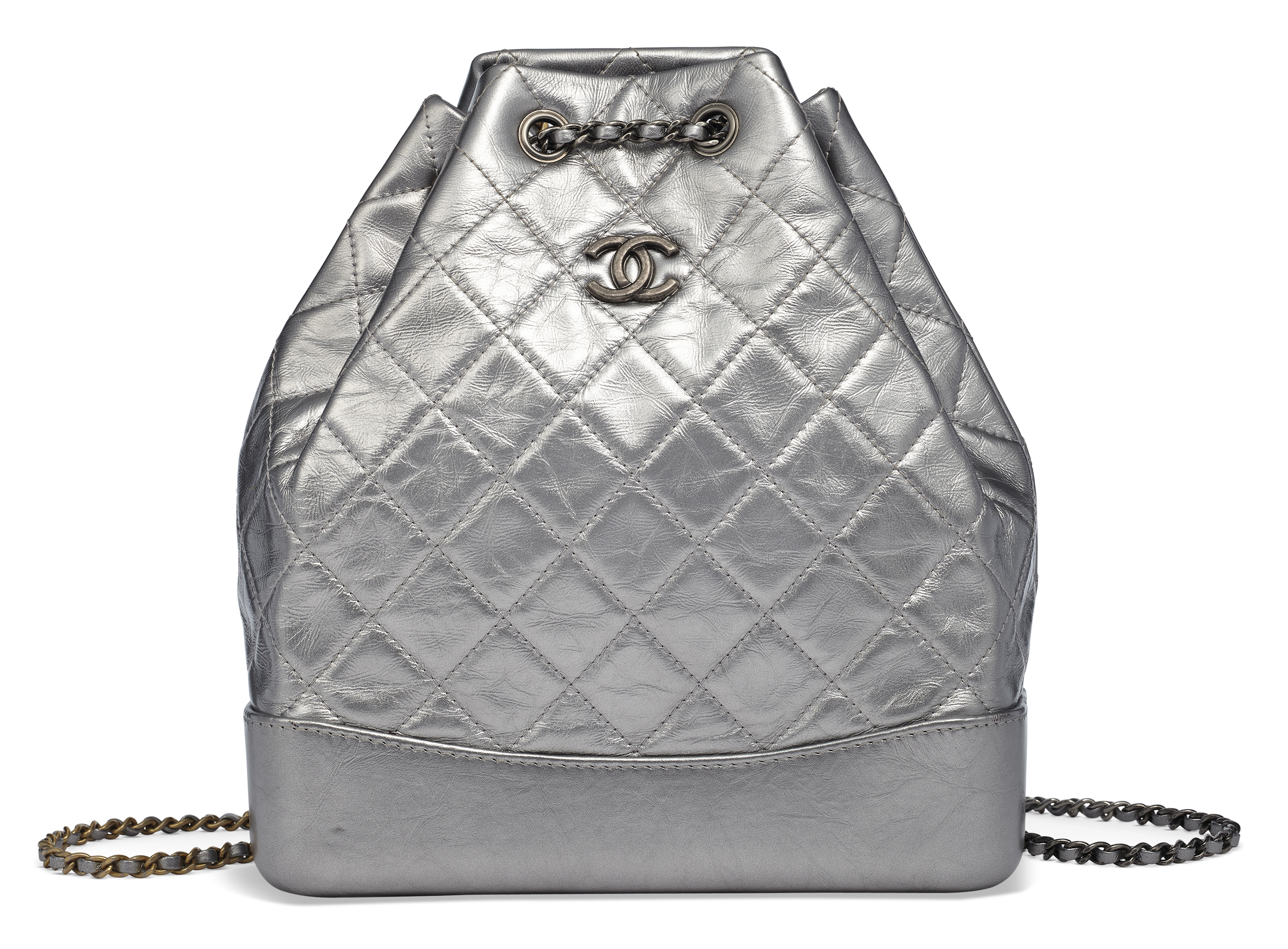 Chanel Gabrielle Chevron Backpack Dark Silver Metallic Grained Goatski –  Celebrity Owned