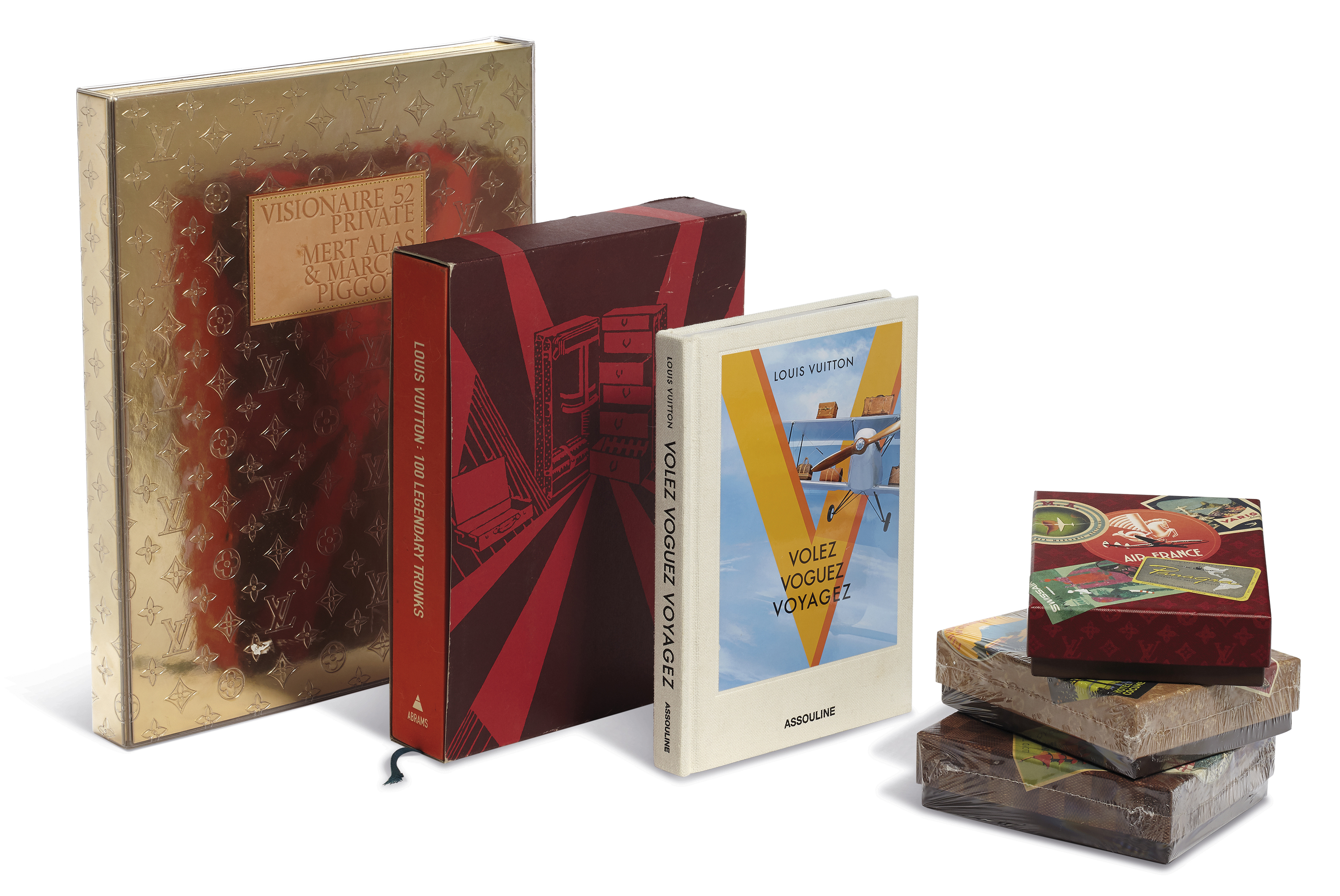 A SET OF THREE BOOKS & THREE BOXES OF POSTCARDS, LOUIS VUITTON