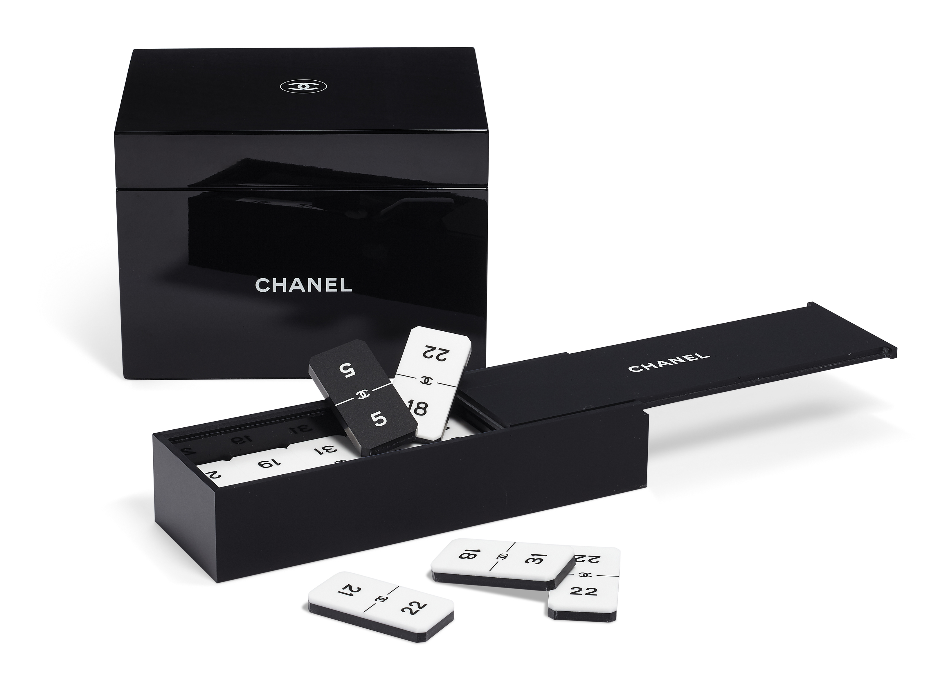 A SET OF TWO: BLACK & WHITE LACQUER BOX AND DOMINO SET, CHANEL