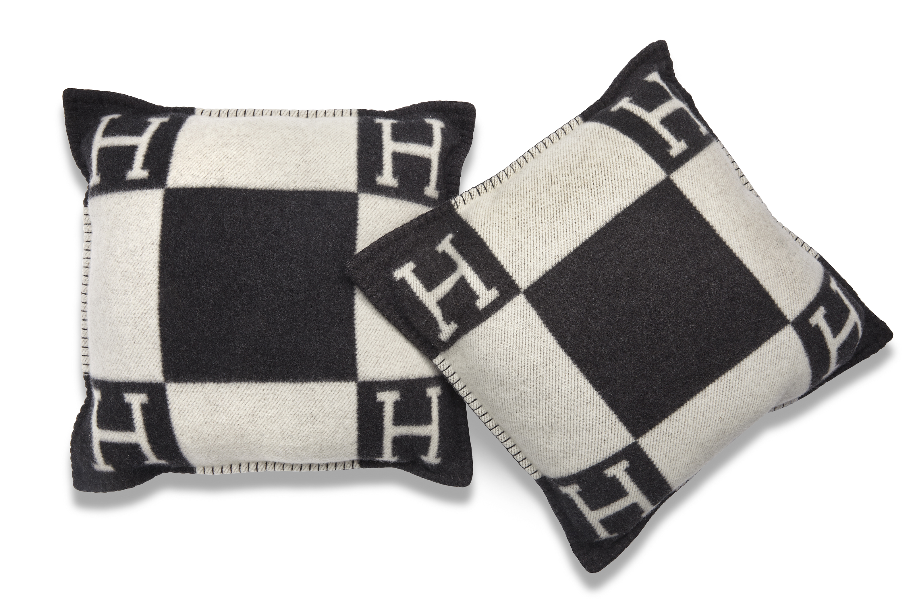 A PAIR OF ÉCRU & GRIS FONCÉ WOOL & CASHMERE AVALON PILLOWS, HERMÈS