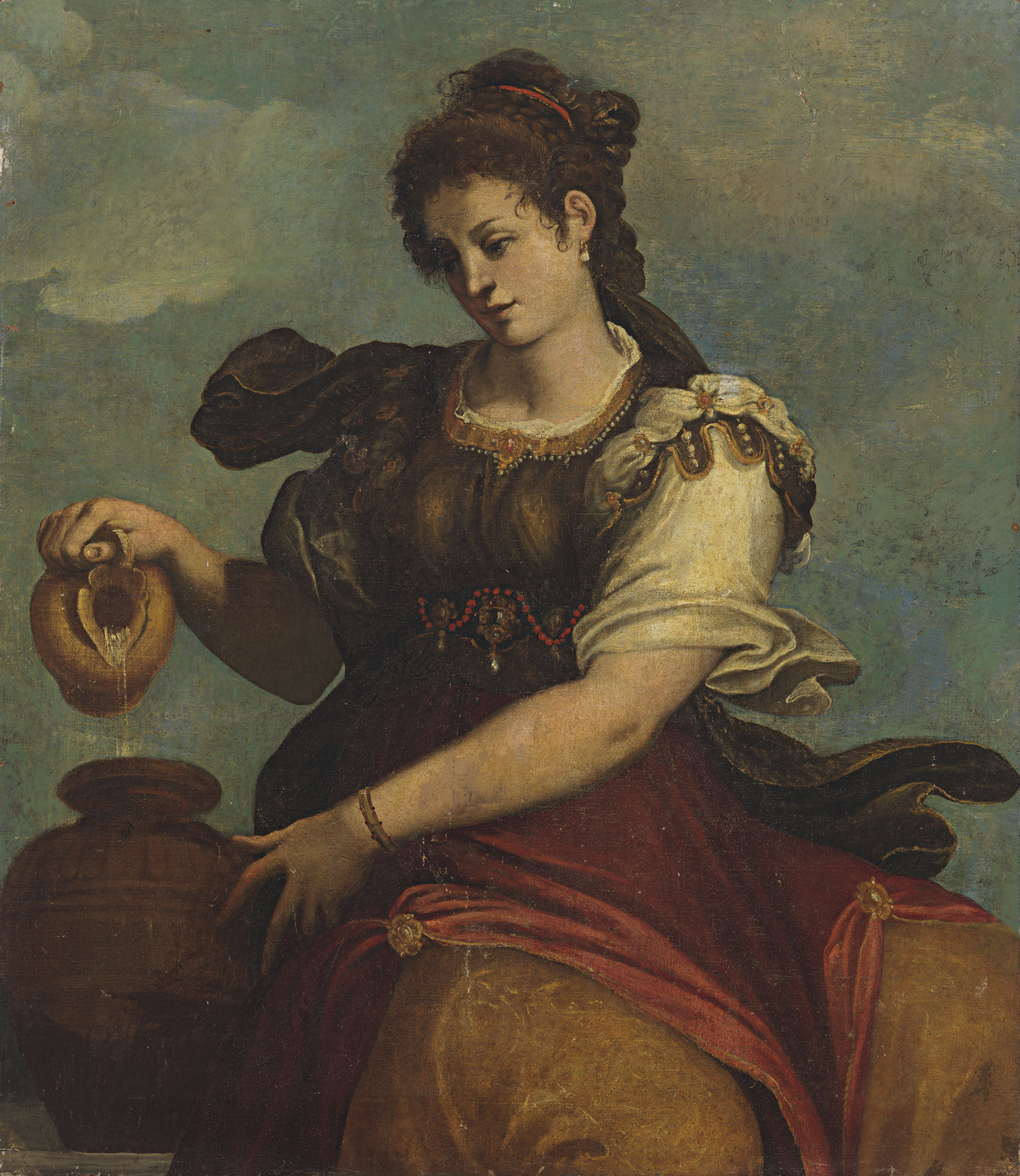 North Italian School 17th Century A Lady Pouring Water From A