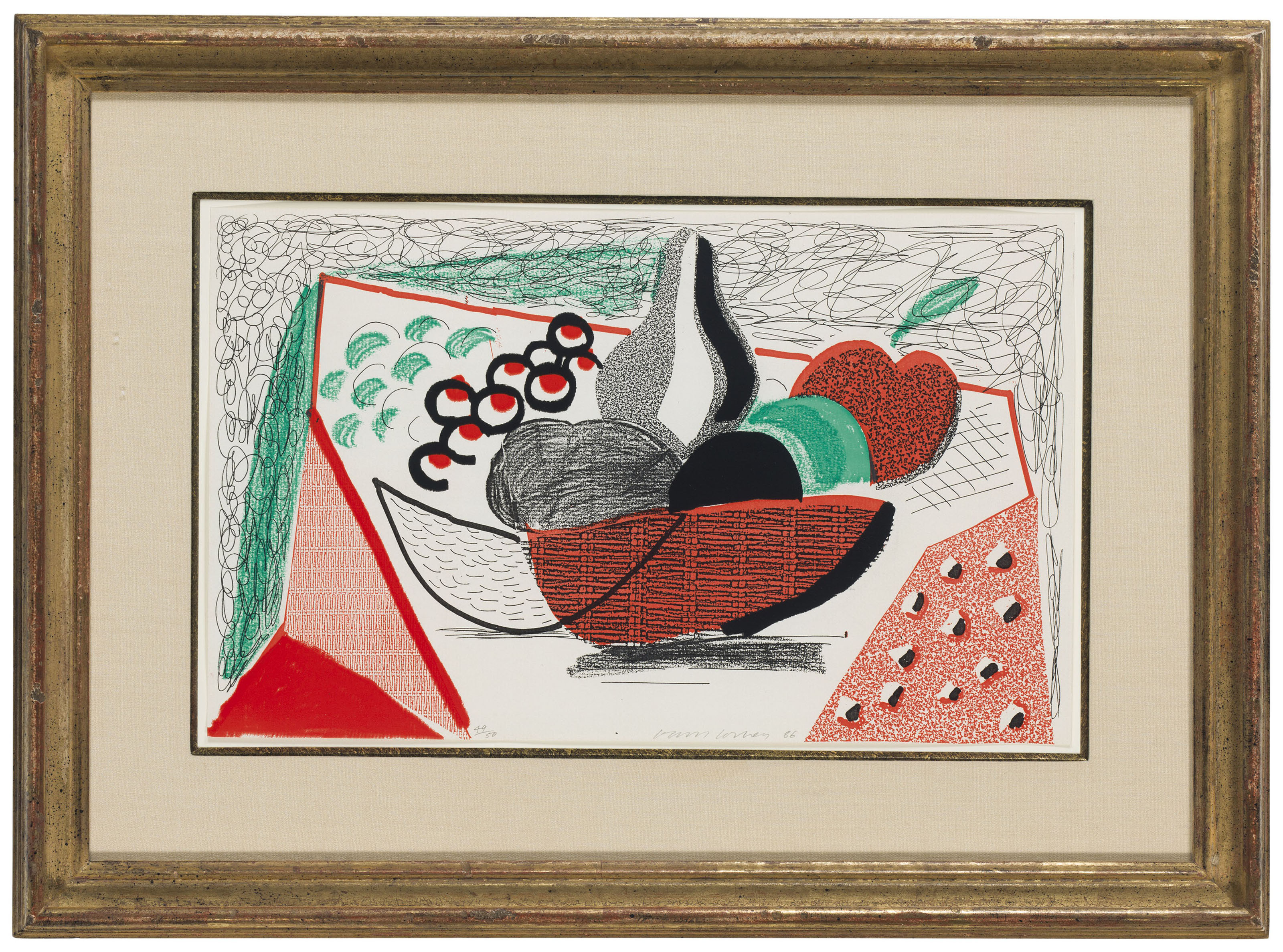 David Hockney (b. 1937), Apples, Pears &amp; Grapes, 1986. Sheet: 8⅜ x 13⅞ in (213 x 352 mm). Estimate: $3,000-5,000. Offered in Contemporary Edition, 9-17 July 2018, Online
