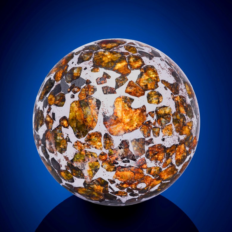 A Seymchan Meteorite Sphere — an Extraterrestrial Crystal Ball, Pallasite – PMG Magadan District, Russia. 53 x 53 x 53mm (2 x 2 x 2in). Estimate $10,000-15,000. This lot is offered in Deep Impact Martian, Lunar and Other Rare Meteorites, 7-14 February 2018, Online