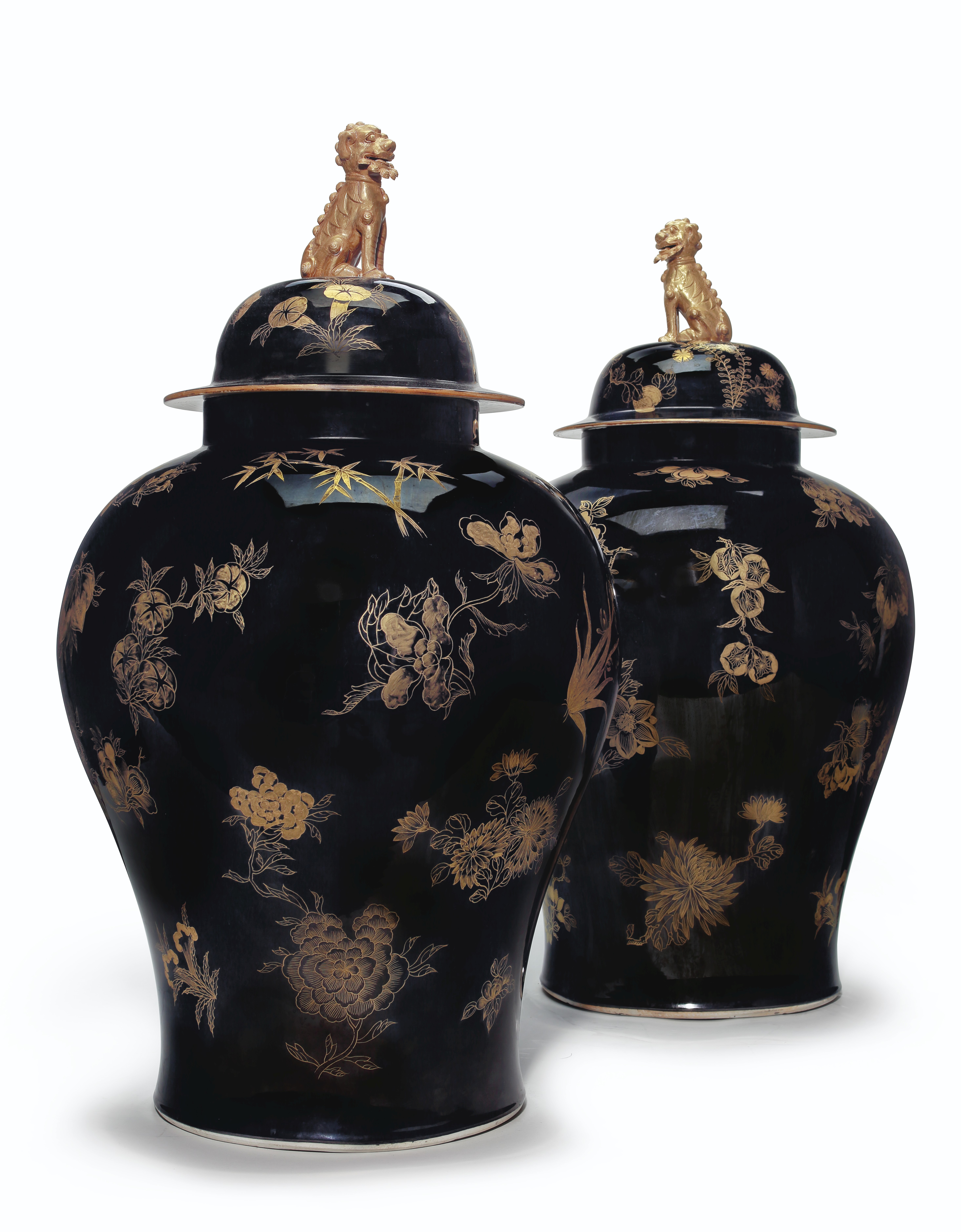 A VERY LARGE PAIR OF CHINESE GILTDECORATED BLACK GLAZED VASES AND