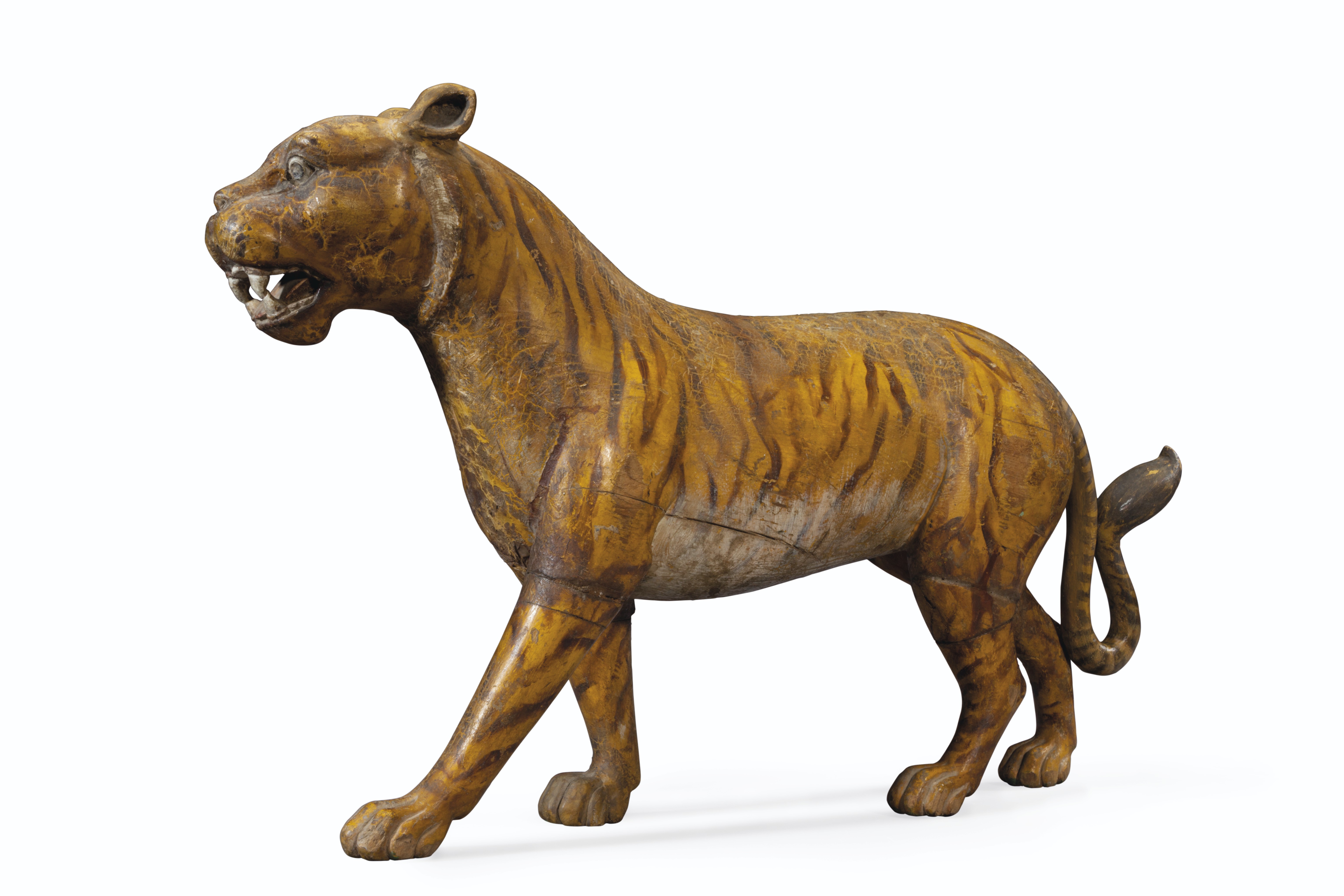 an indian polychrome painted carved wood model of a tiger