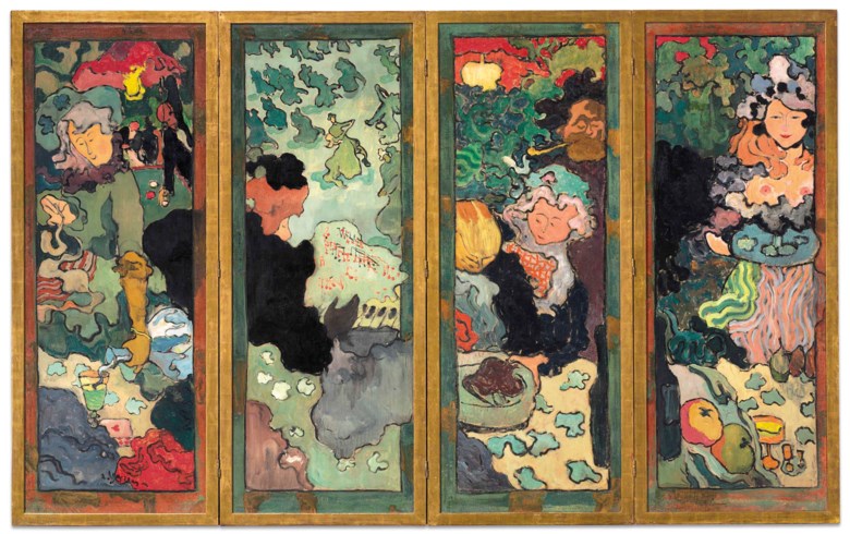 Armand Seguin (1869-1903), Les délices de la vie, painted circa 1892-1893. Four-panel screen (including frame) each 62⅞ x 25¼  in (159.8 x 64.1  cm). Sold for $7,737,500 in The Collection of Peggy and David Rockefeller 19th and 20th Century Art, Evening Sale on 8 May at Christie’s in New York