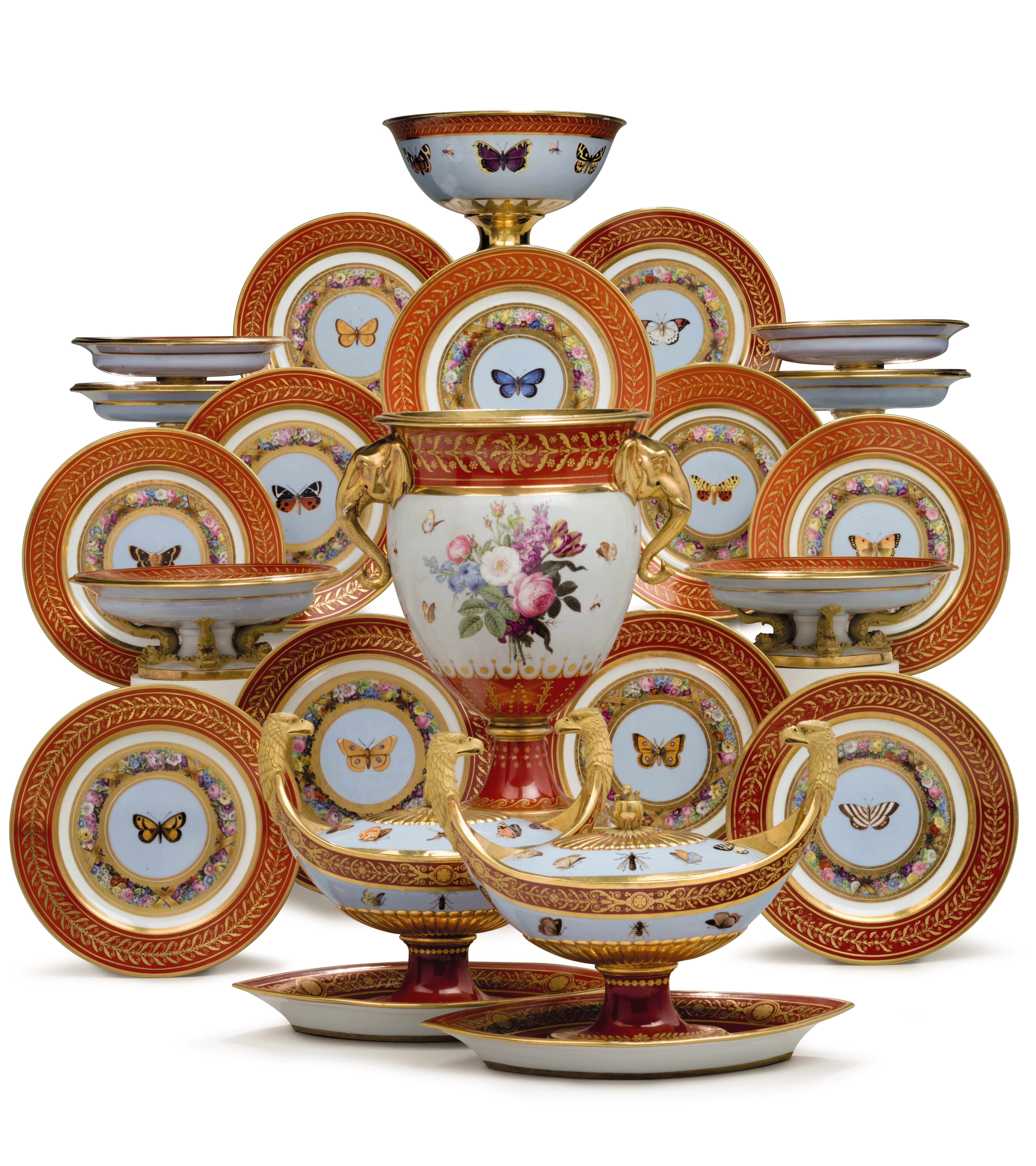 The 'Marly Rouge' service: a Sevres Porcelain iron-red and sky-blue ground part dessert service made for Napoleon I, Circa 1807-09. Estimate: $150,000-250,000. This lot is offered in The Collection of David and Peggy Rockefeller: English &amp; European Furniture, Ceramics &amp; Decorations, Part I on 9 May at Christie&rsquo;s in New York