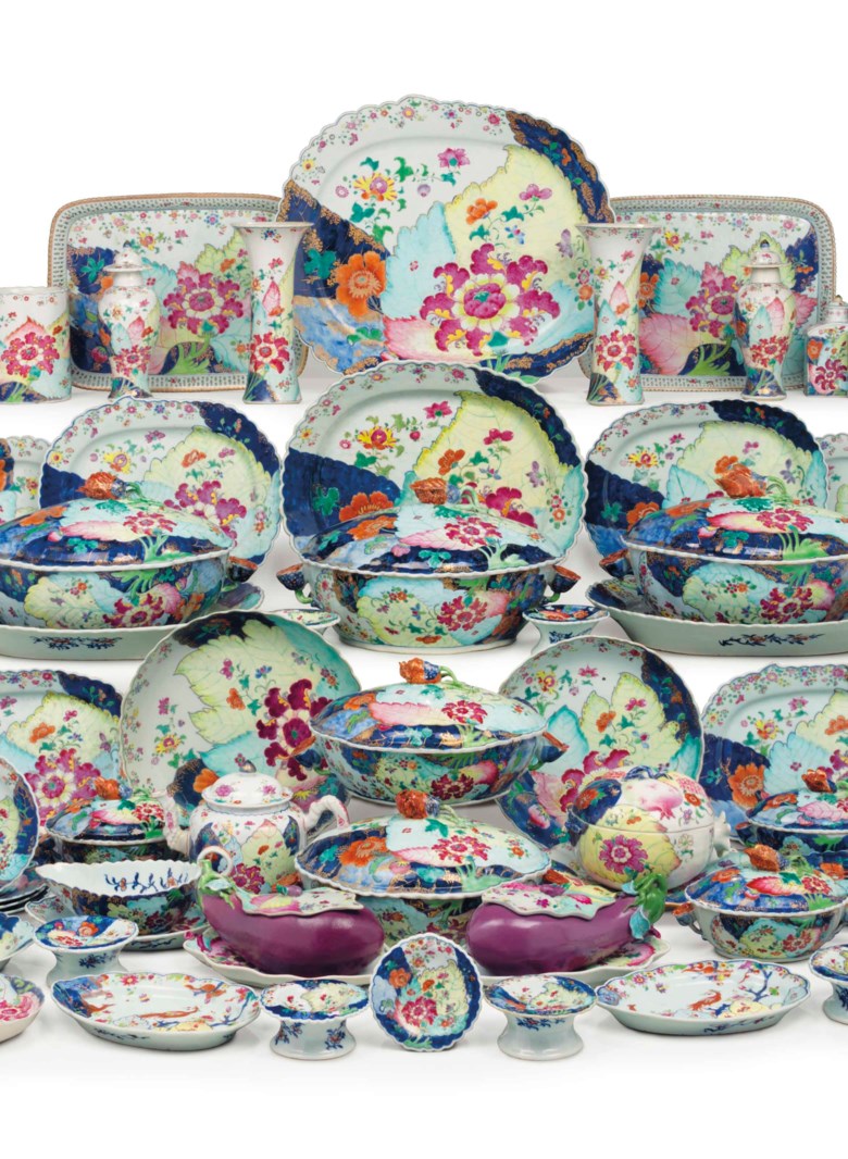 A large Chinese Export ‘tobacco leaf’ assembled dinner service, Qianlong period, circa 1775. Sold for $1,152,500 on 9 May 2018 at Christie’s in New York — a new auction record for a dinner service