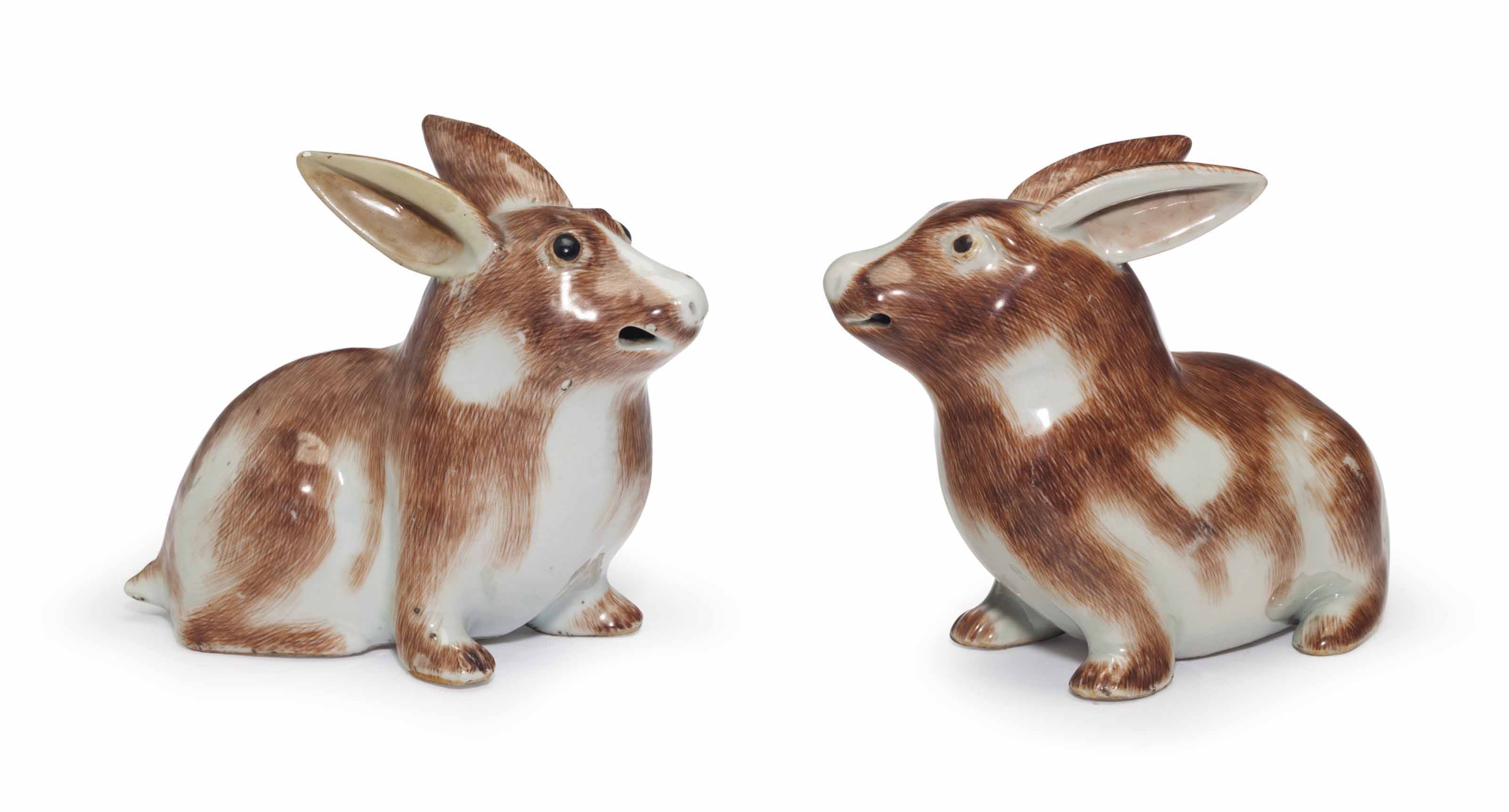 A pair of Chinese export rabbits, Qianlong period (1736-95). 5&frac12;  in (14  cm) high. Estimate: $10,000-15,000. This lot is offered in The Collection of David and Peggy Rockefeller: English &amp; European Furniture, Ceramics &amp; Decorations, Part I on 9 May at Christie&rsquo;s in New York