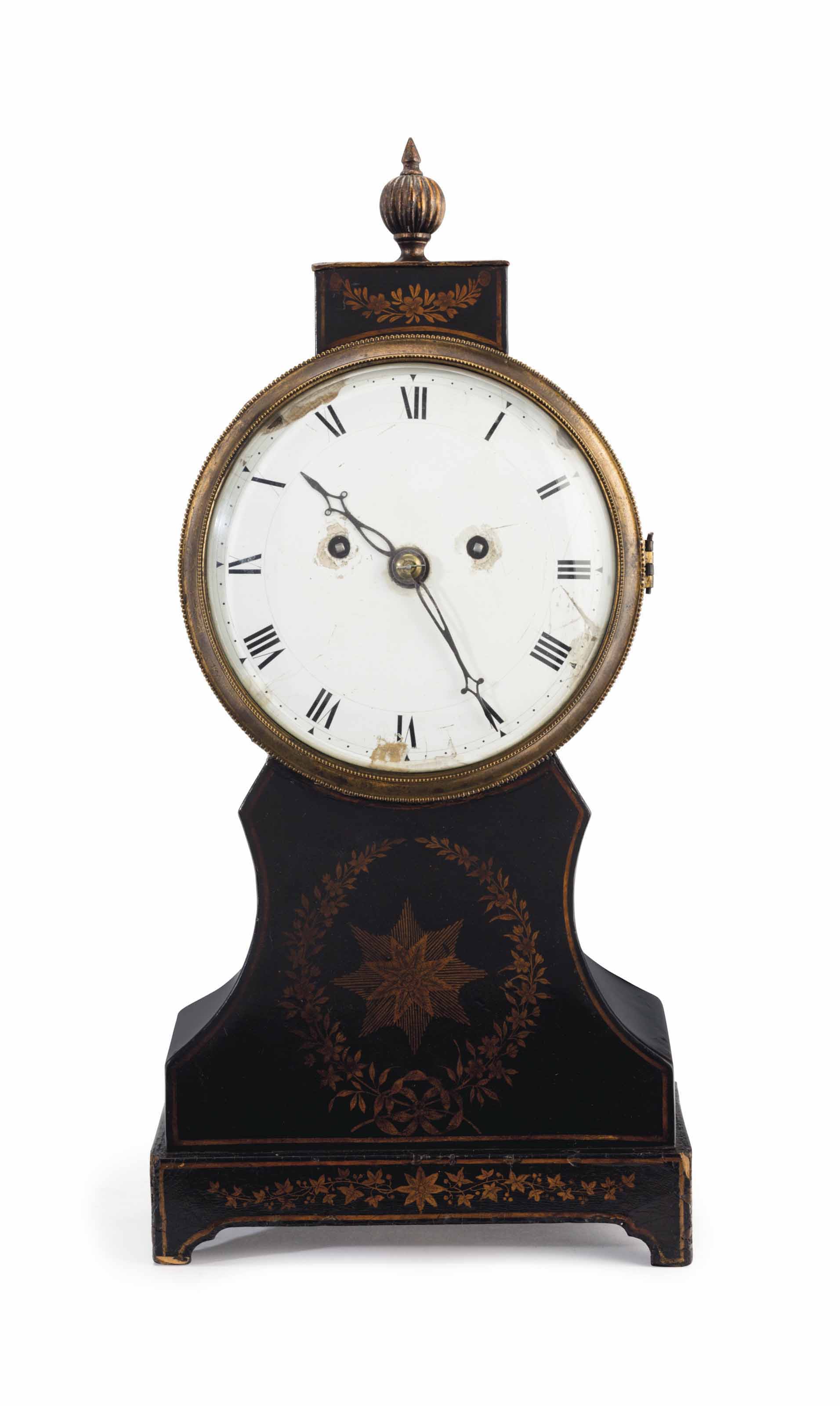 A III BLACK AND GILTJAPANNED PAPIER MACHE MANTEL CLOCK , CIRCA