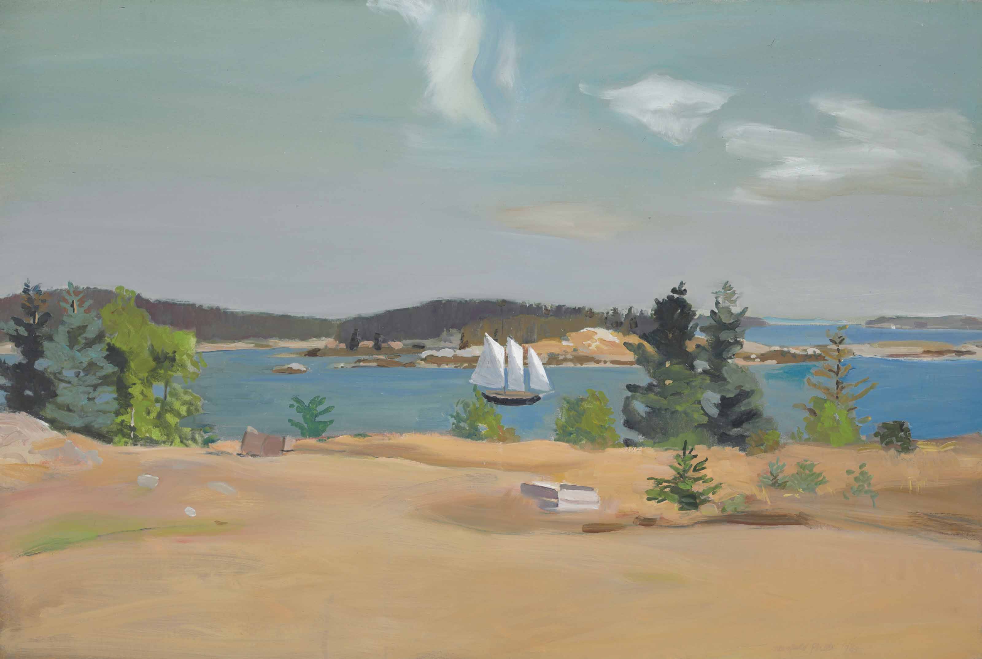 Fairfield Porter (1907-1975), The Schooner II, 1965. Oil on canvas. 37⅛ x 54⅛  in (94.2 x 137.5  cm). Estimate: $1,000,000-1,500,000. This lot is offered in The Collection of Peggy and David Rockefeller: Art of the Americas, Evening Sale on 9 May at Christie&rsquo;s in New York&nbsp;&copy; 2018 The Estate of Fairfield Porter / Artists Rights Society (ARS), New York