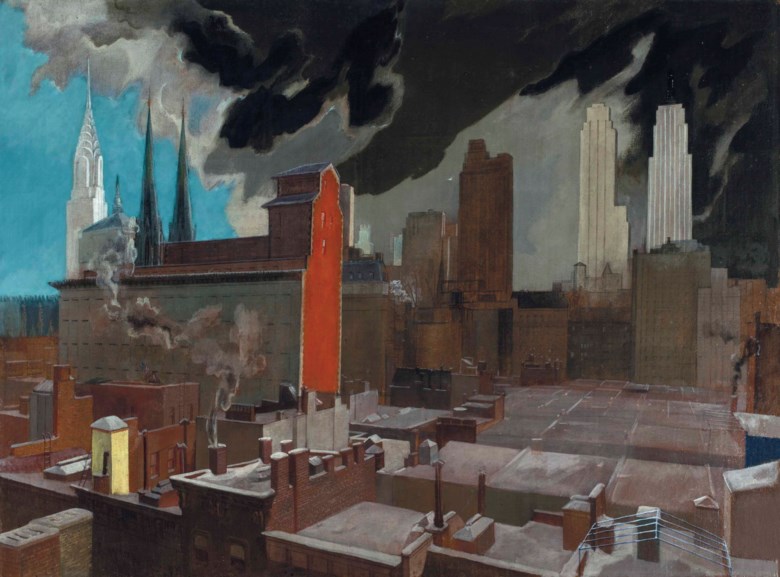 Stefan Hirsch (1899-1964), Midtown Range, painted in 1931. 26¾ x 36  in (68 x 91.4  cm). Estimate $100,000-150,000. This lot is offered in The Collection of David and Peggy Rockefeller Art of the Americas, Evening Sale on 9 May at Christie’s in New York