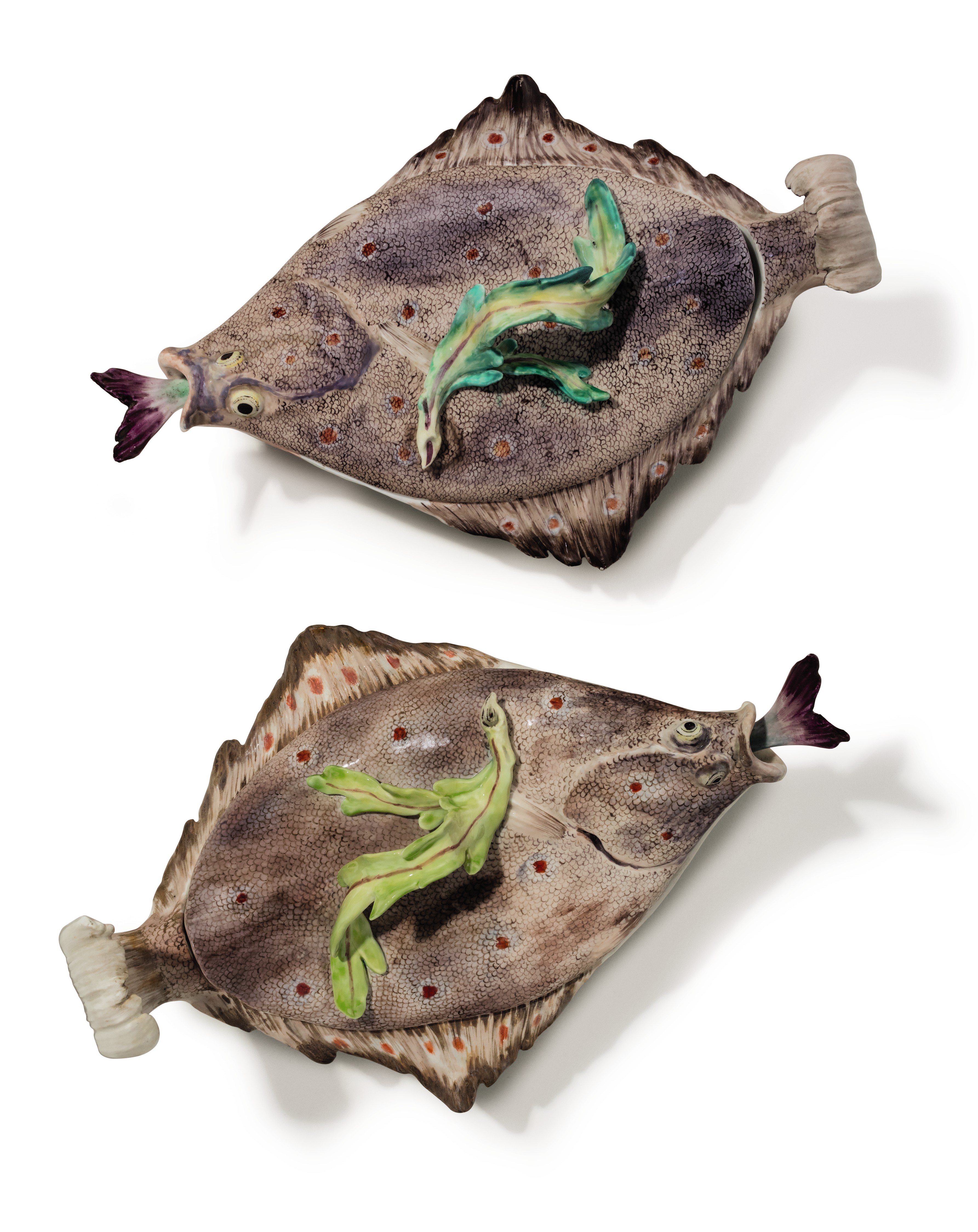 Two Chelsea porcelain plaice tureens, covers and spoons, circa 1755. 10&frac14;  in (26  cm) long, the tureens. Sold for $300,000 on 10 May 2018 at Christie&rsquo;s in New York