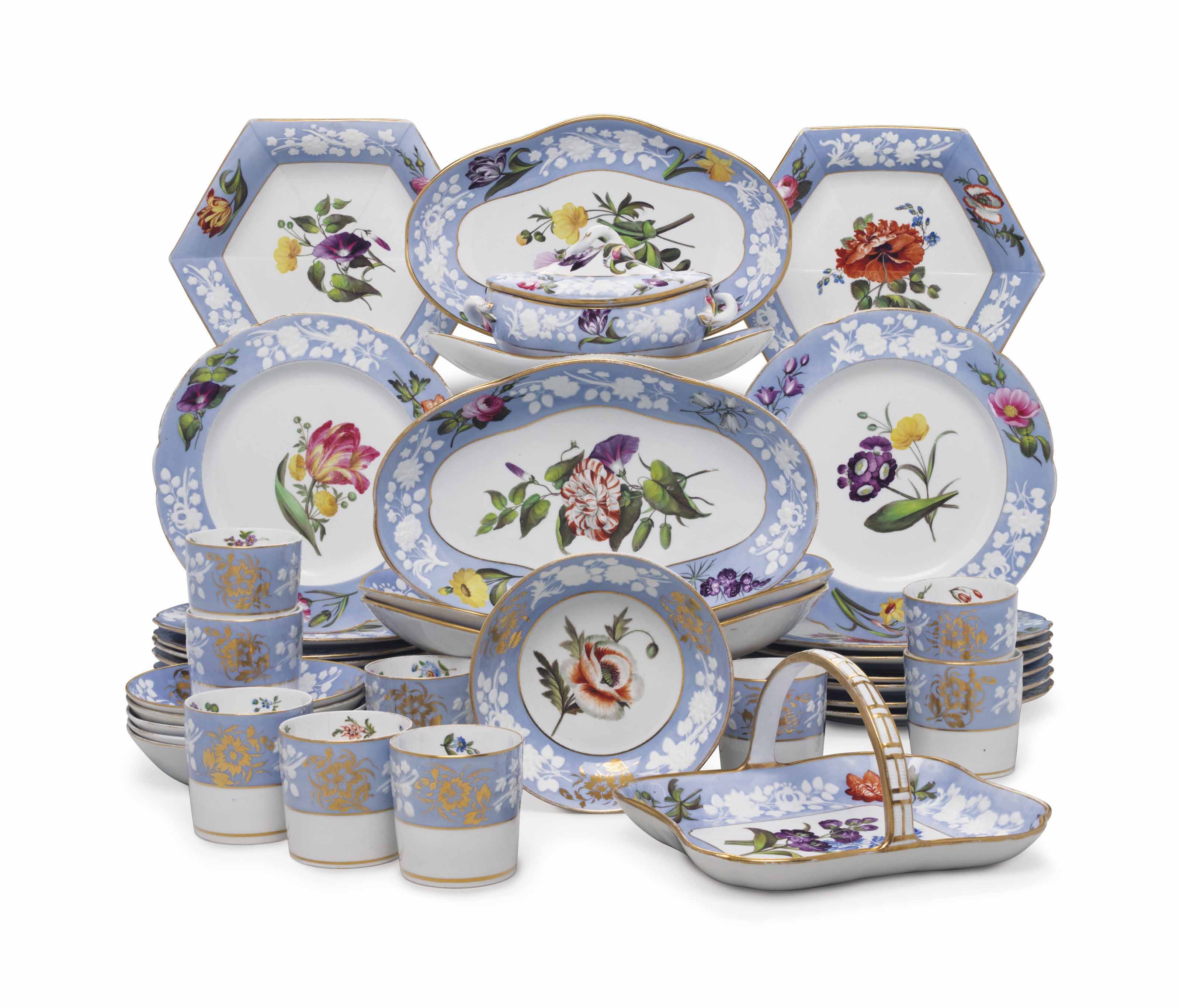 A SPODE PORCELAIN POWDERBLUE GROUND PART DESSERT SERVICE , CIRCA 1815