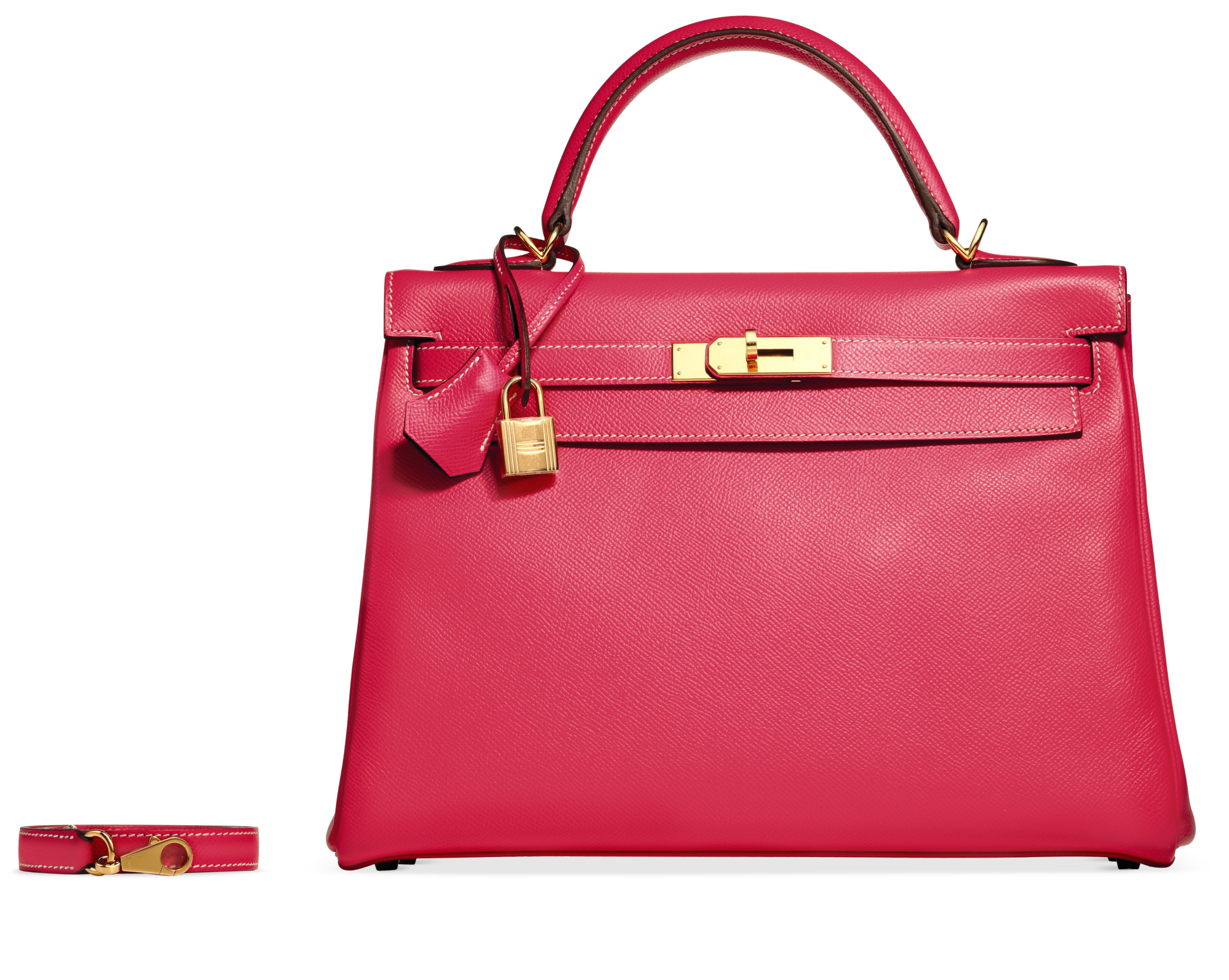 A custom rose tyrien &amp; ultraviolet epsom leather retourn&eacute; Kelly 32 with gold hardware, Herm&egrave;s, 2011. 32 w x 23 h x 11 d cm. Estimate: $8,000-10,000. Offered in What Goes Around Comes Around 25th Anniversary Auction on 18 September 2018 at Christie&rsquo;s in New York