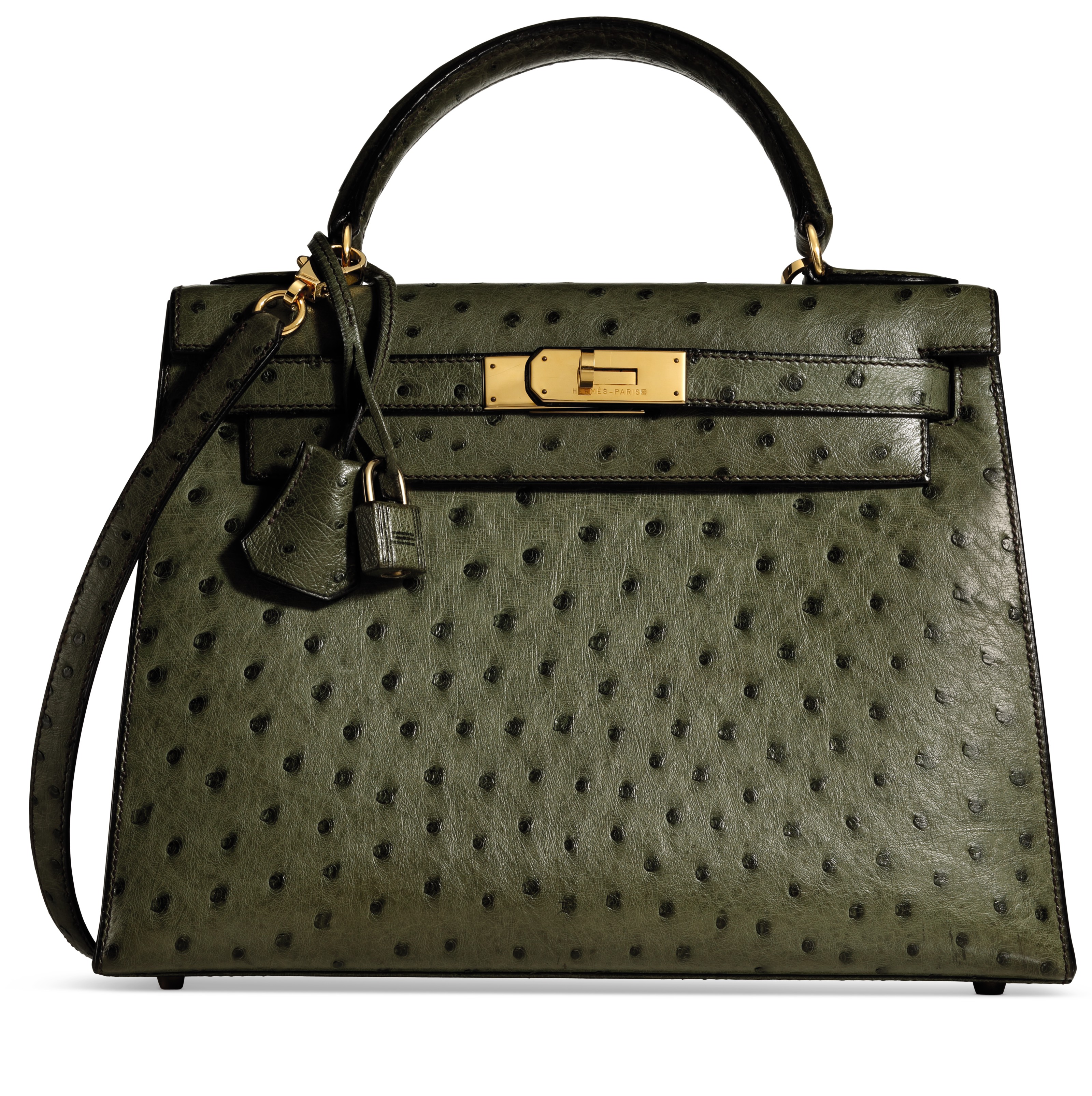 A VERT OLIVE OSTRICH SELLIER KELLY 28 WITH GOLD HARDWARE , HERMÈS, 1993