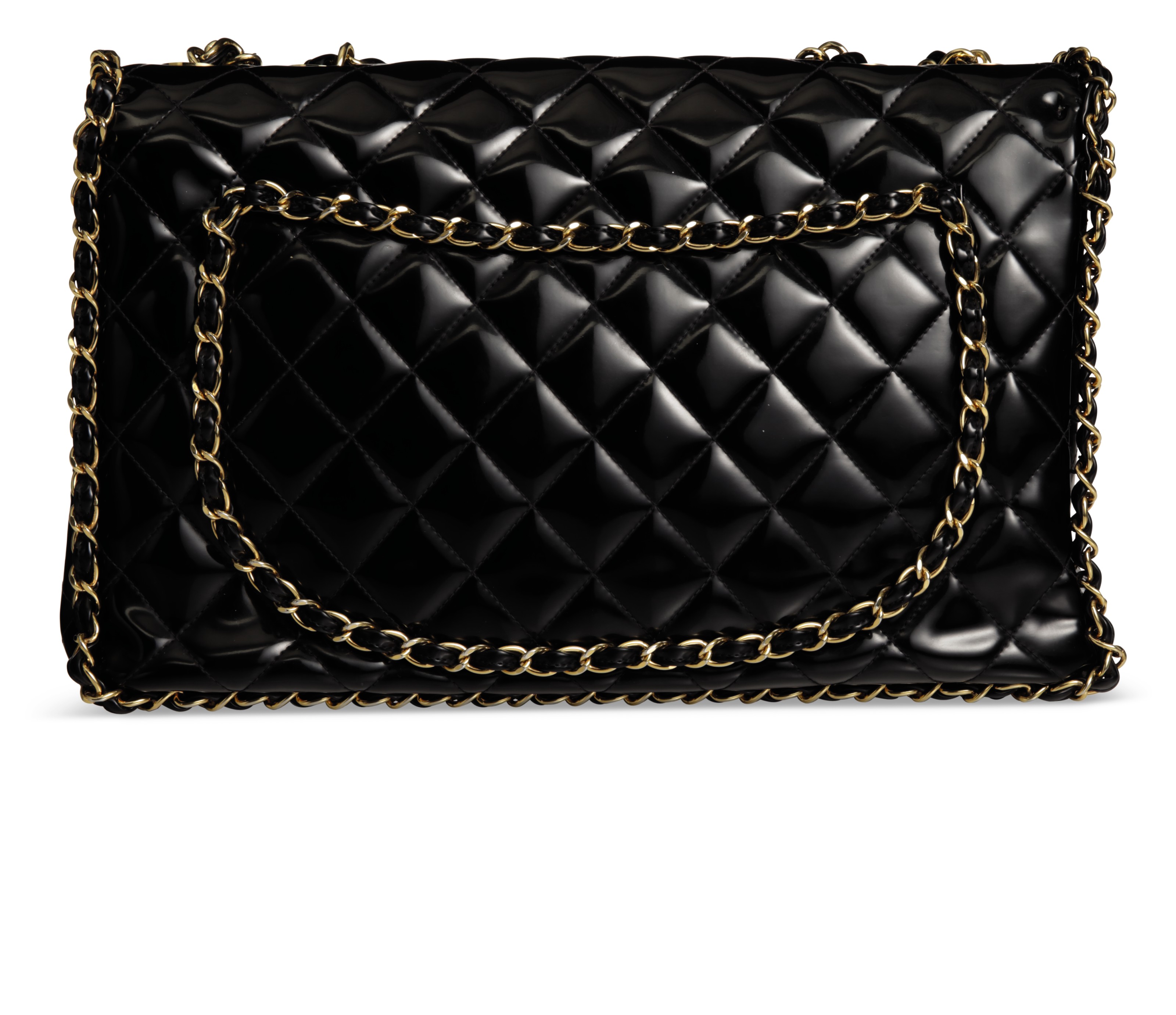 A BLACK PATENT LEATHER CHAIN AROUND MAXI FLAP BAG WITH GOLD HARDWARE