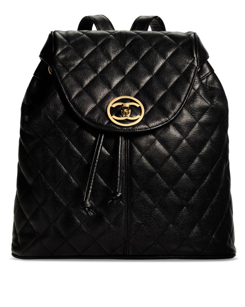 A BLACK CAVIAR LEATHER QUILTED BACKPACK WITH GOLD HARDWARE