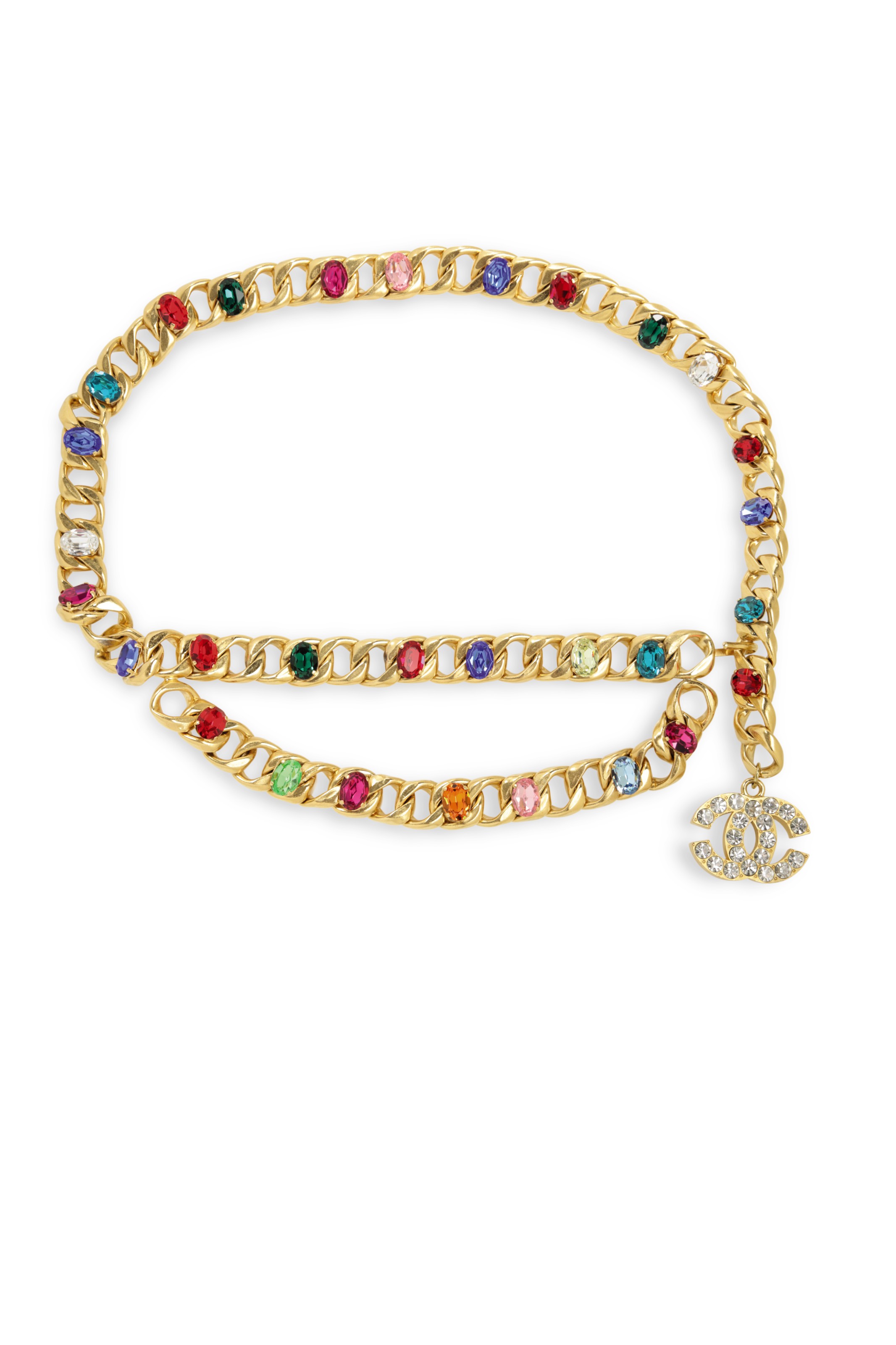 A gold chain and multicolour jewelled belt, Chanel, Spring/Summer 1993. 70 cm. Offered in the&nbsp;What Goes Around Comes Around 25th Anniversary Auction on 18 September 2018 at Christie&rsquo;s in New York