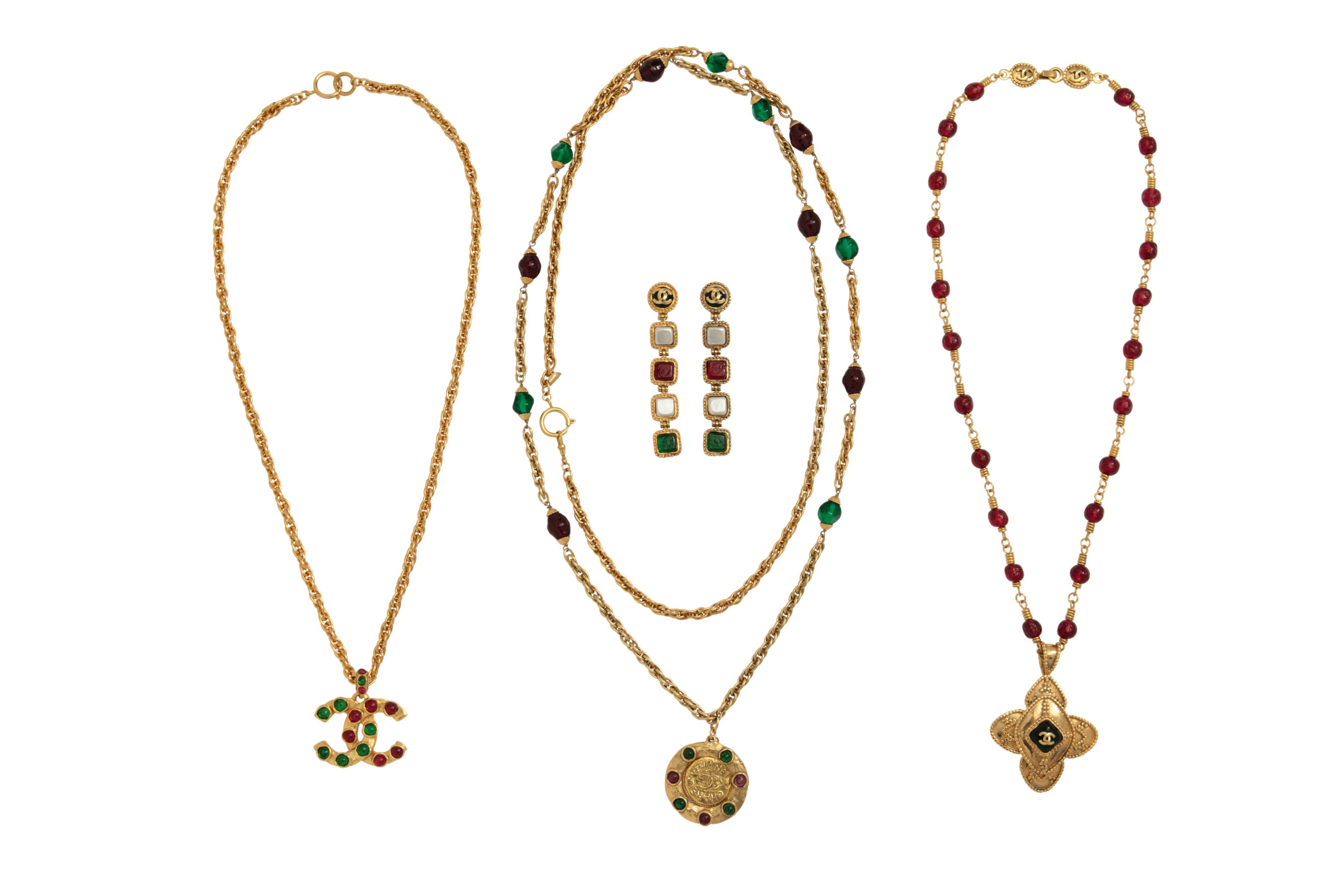 A set of four gold and multicolour Gripoix jewels, Chanel, Fall/Winter 1995, 1980s. Sold for $4,000 on 18 September 2018 at Christie&rsquo;s in New York