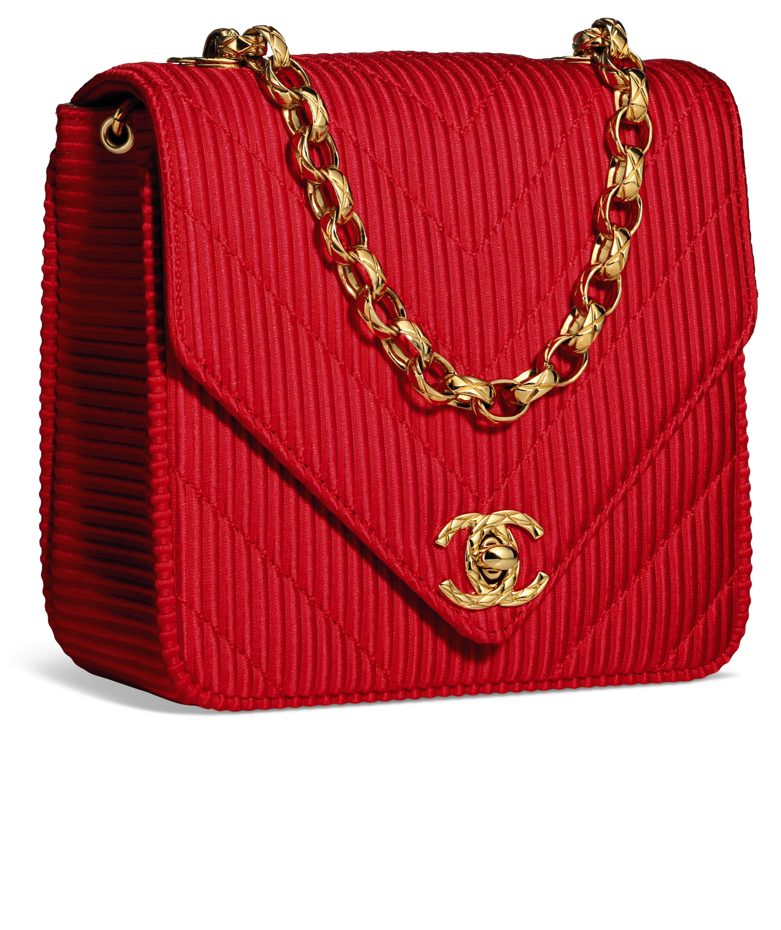A RED SILK CHEVRON ENVELOPE MINI FLAP BAG WITH GOLD HARDWARE , CHANEL
