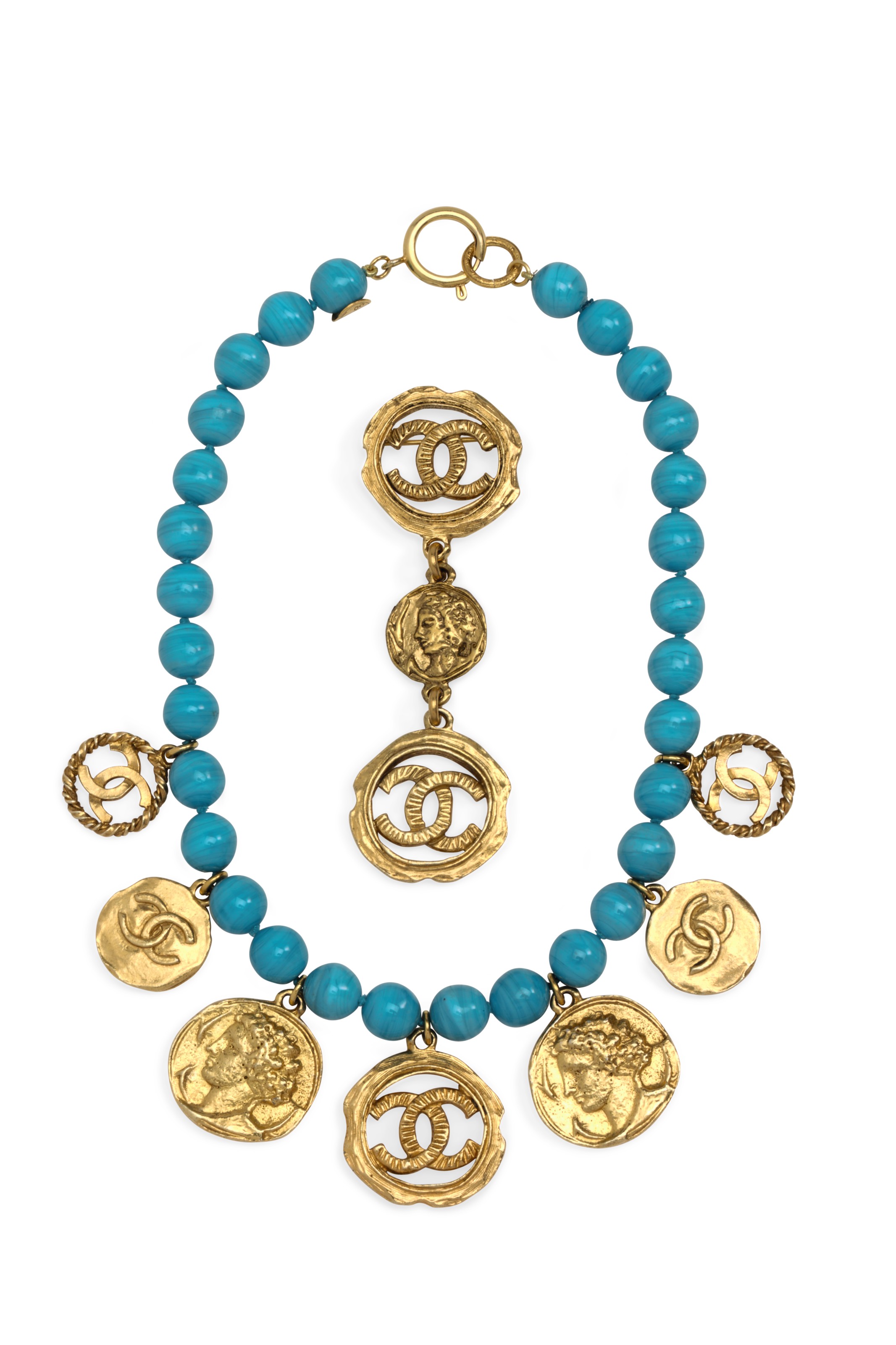 A SET OF TWO TURQUOISE GLASS & GOLD METAL JEWELRY , CHANEL