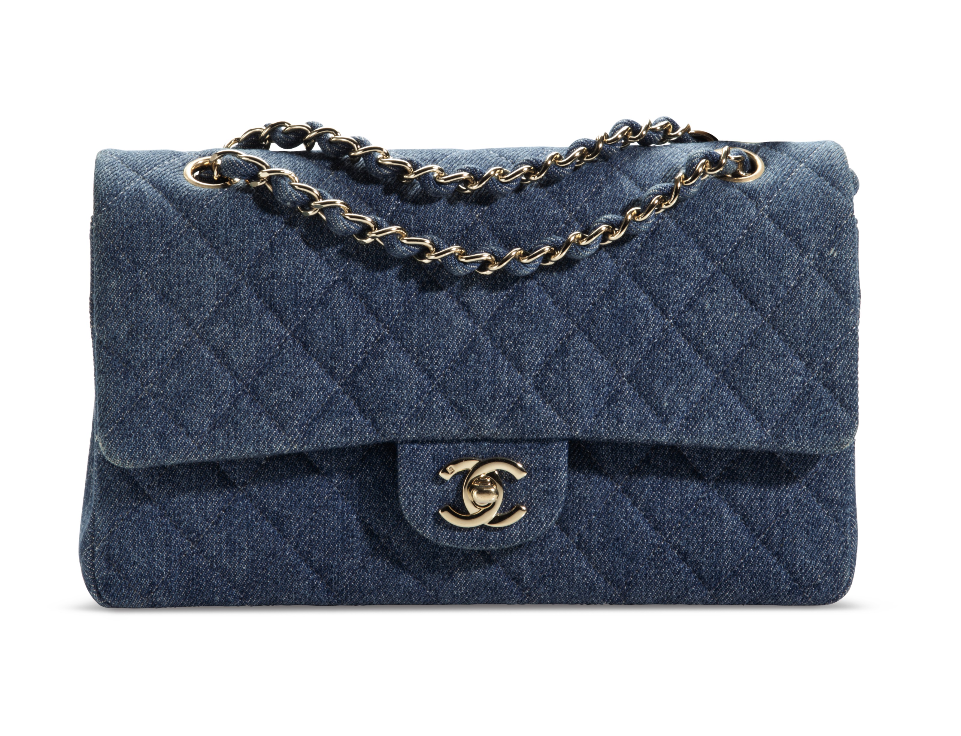A BLUE DENIM MEDIUM CLASSIC DOUBLE FLAP BAG WITH GOLD HARDWARE , CHANEL