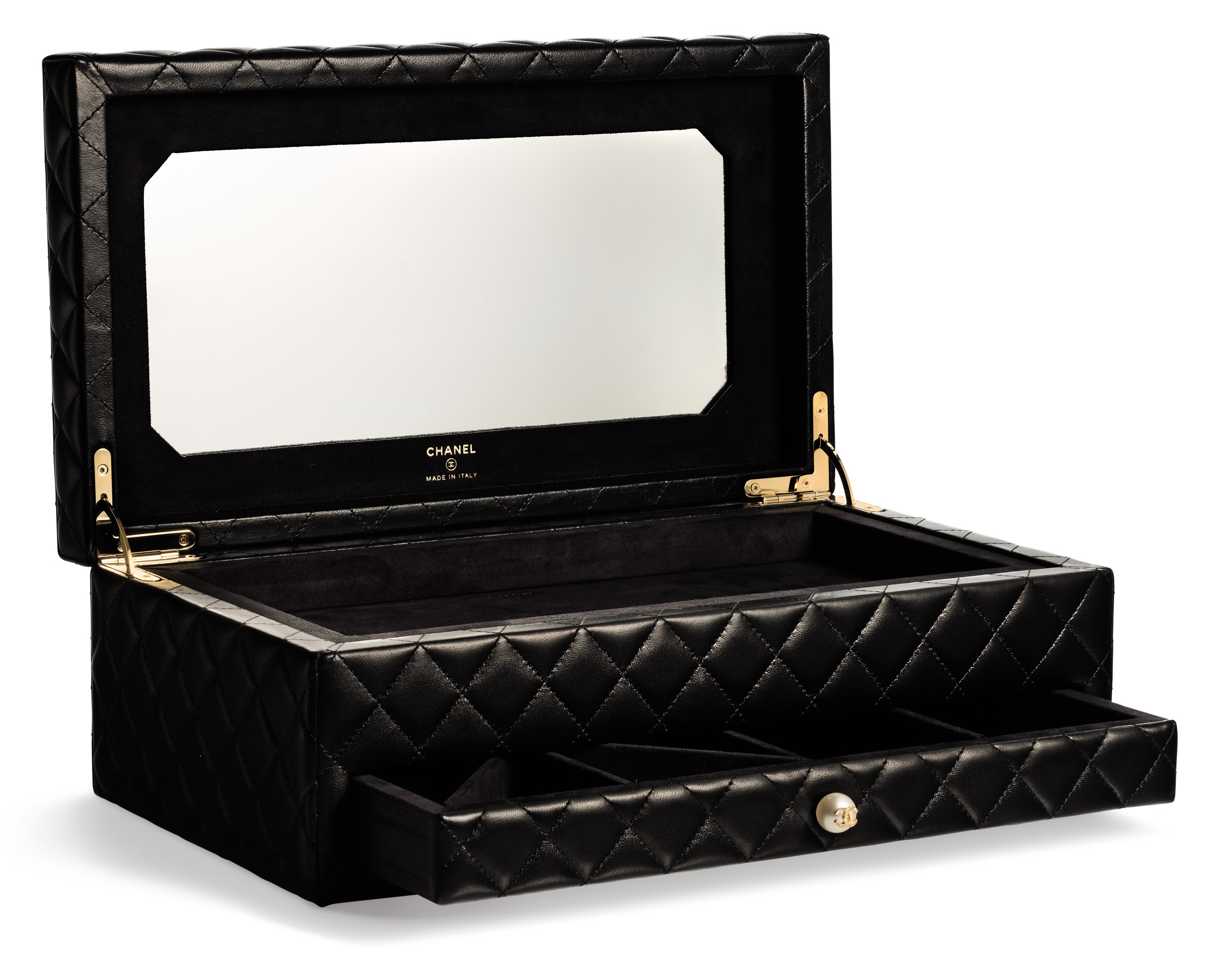 A BLACK LAMBSKIN LEATHER QUILTED JEWELRY BOX WITH GOLD HARDWARE