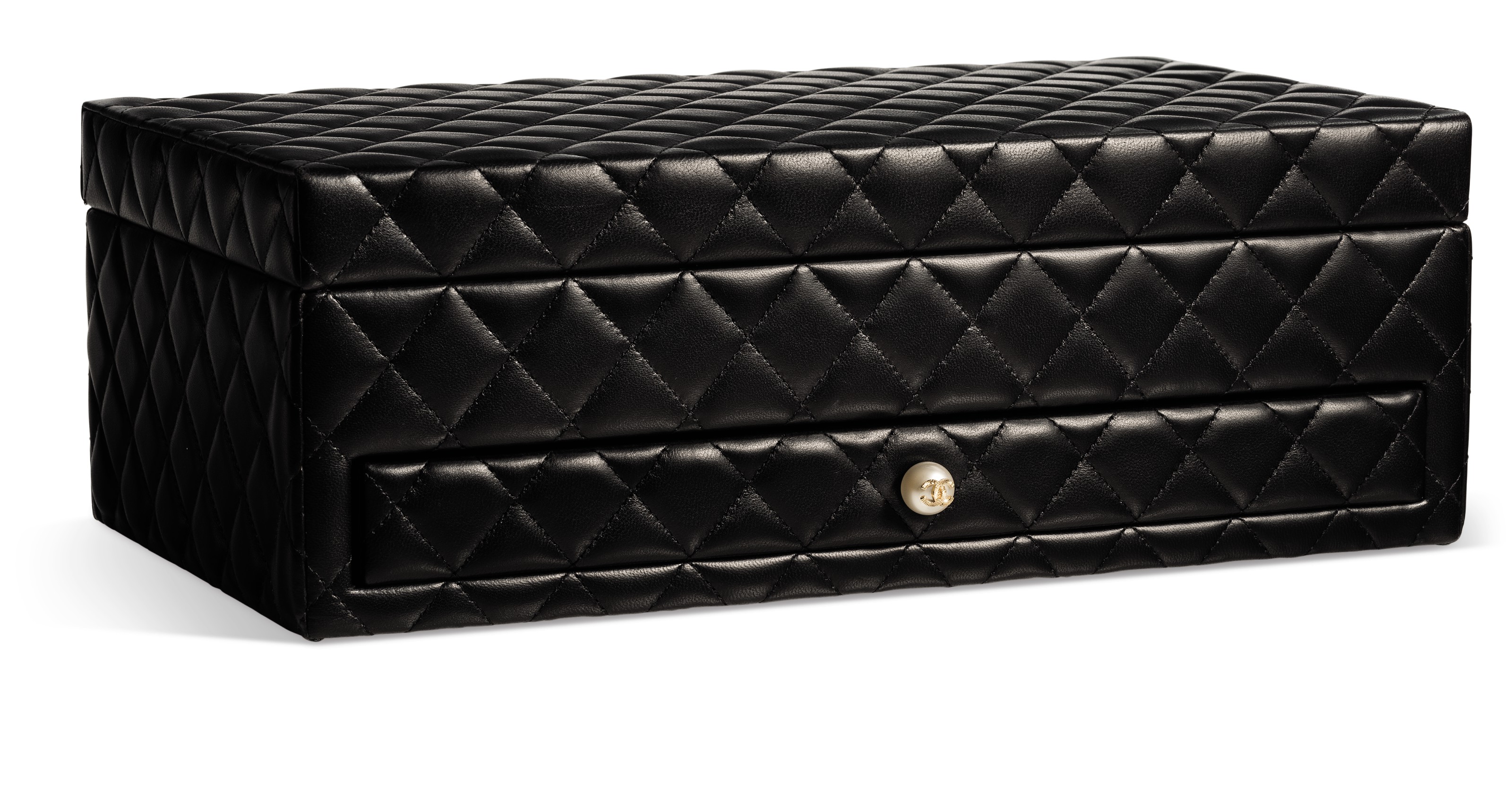 A BLACK LAMBSKIN LEATHER QUILTED JEWELRY BOX WITH GOLD HARDWARE