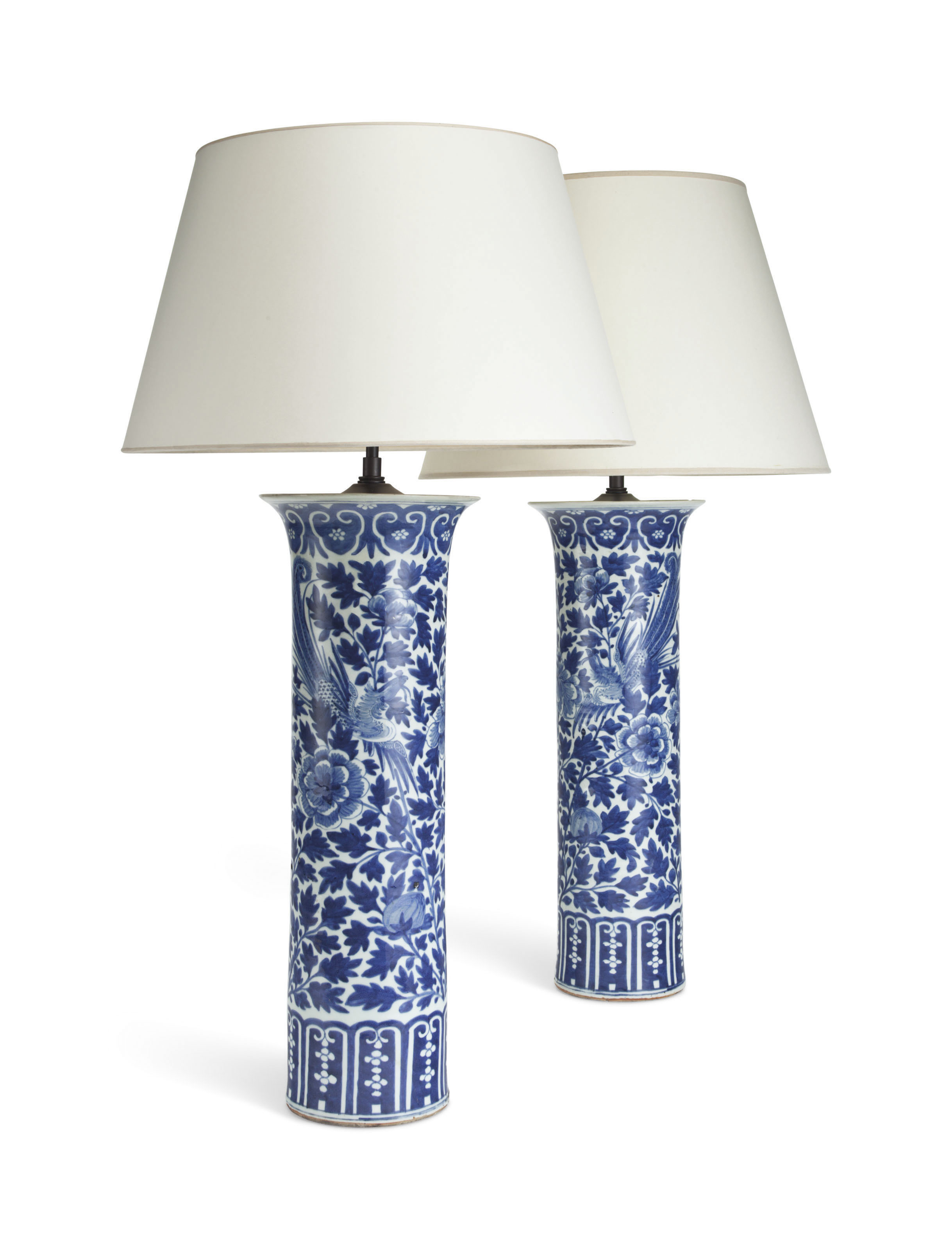 A Pair Of Chinese Blue And White Tall Vases Now Mounted As Lamps