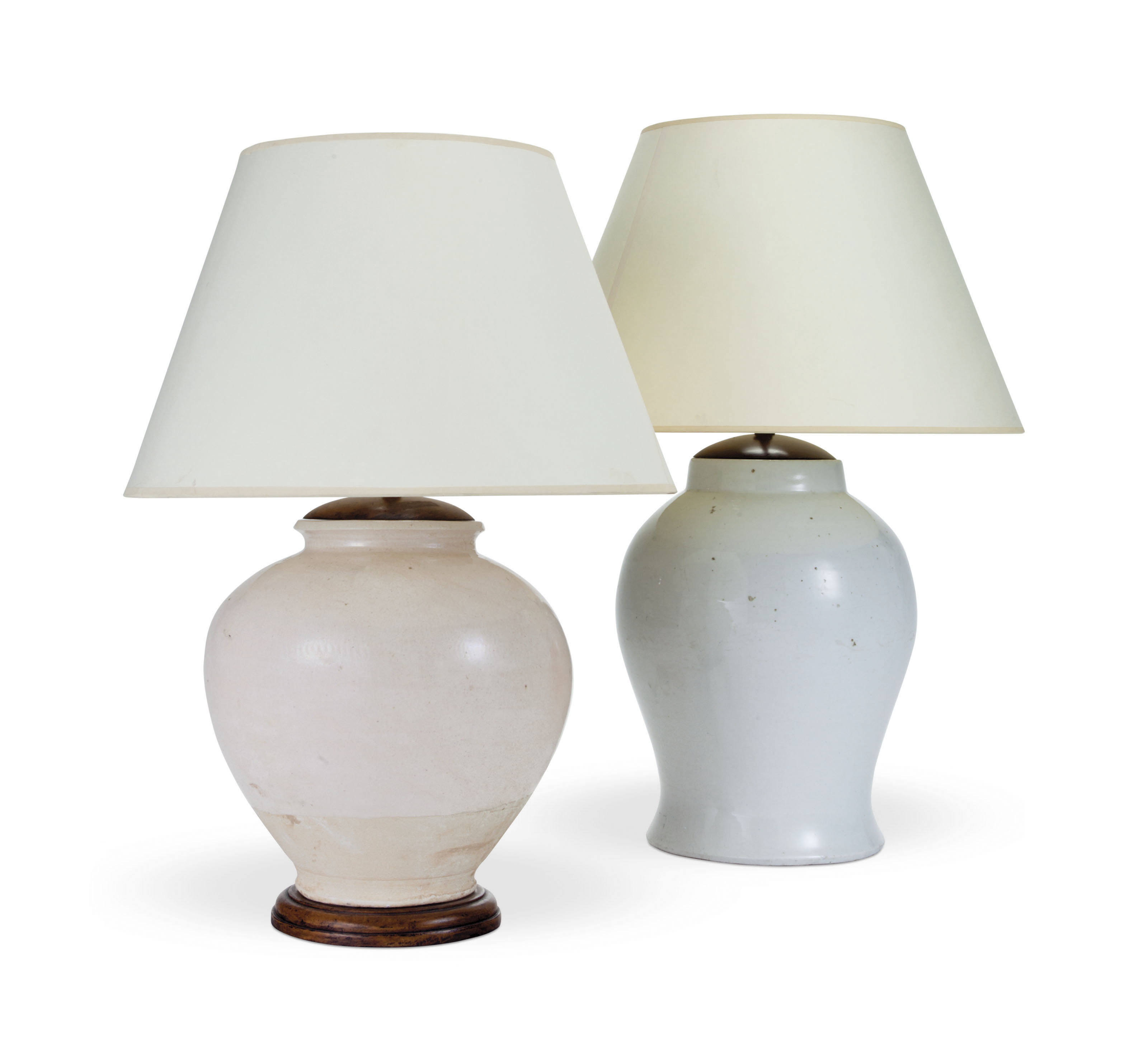 TWO CREAMGLAZED CERAMIC TABLE LAMPS