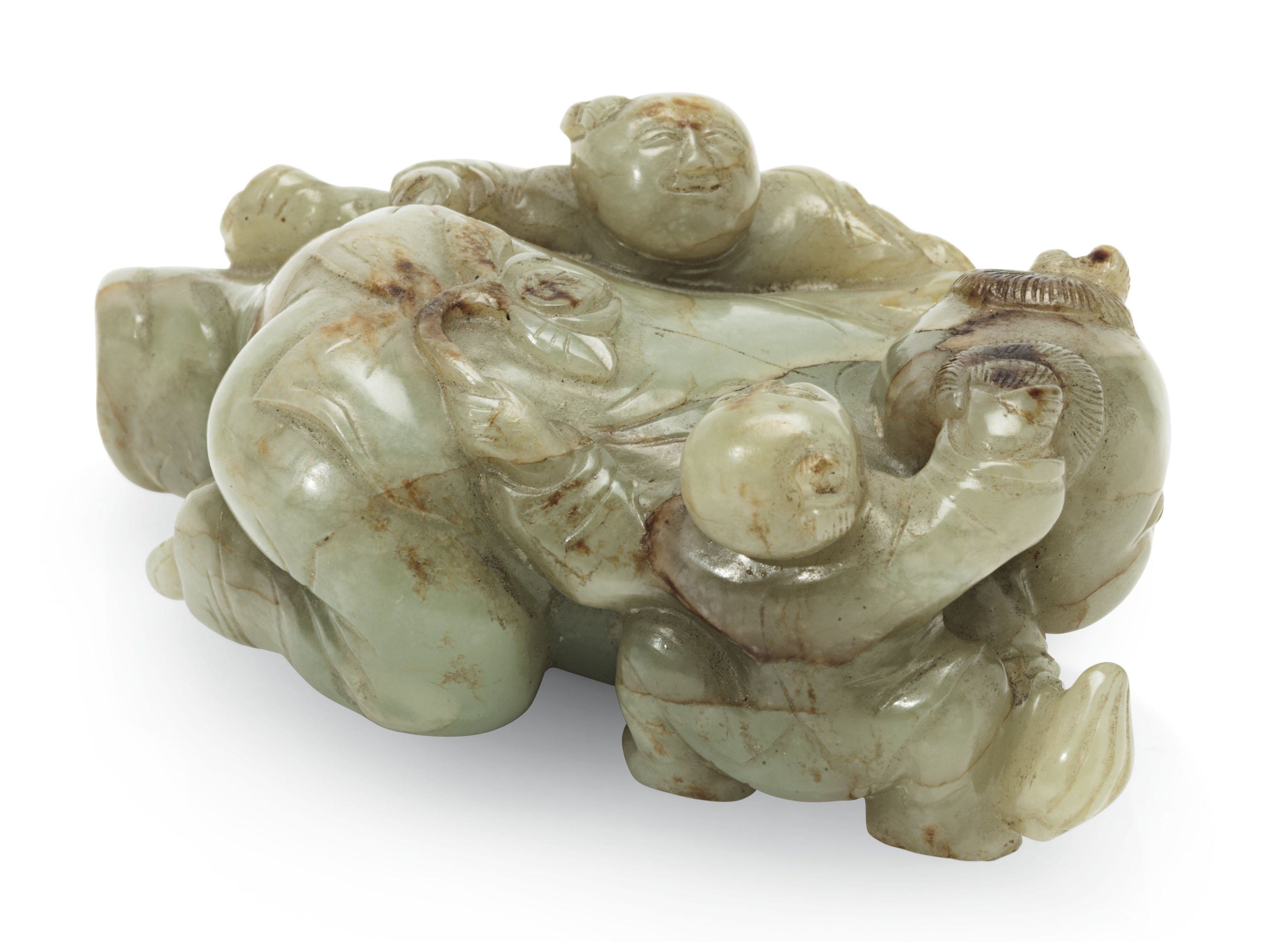 A PALE GREYISHGREEN JADE CARVING OF BOYS AT PLAY , MING DYNASTY (1368