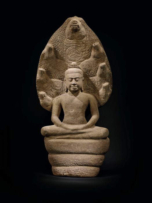 Gardien De Temple Khmer - Statue En Grès Du Cambodge - Figurine Pierre