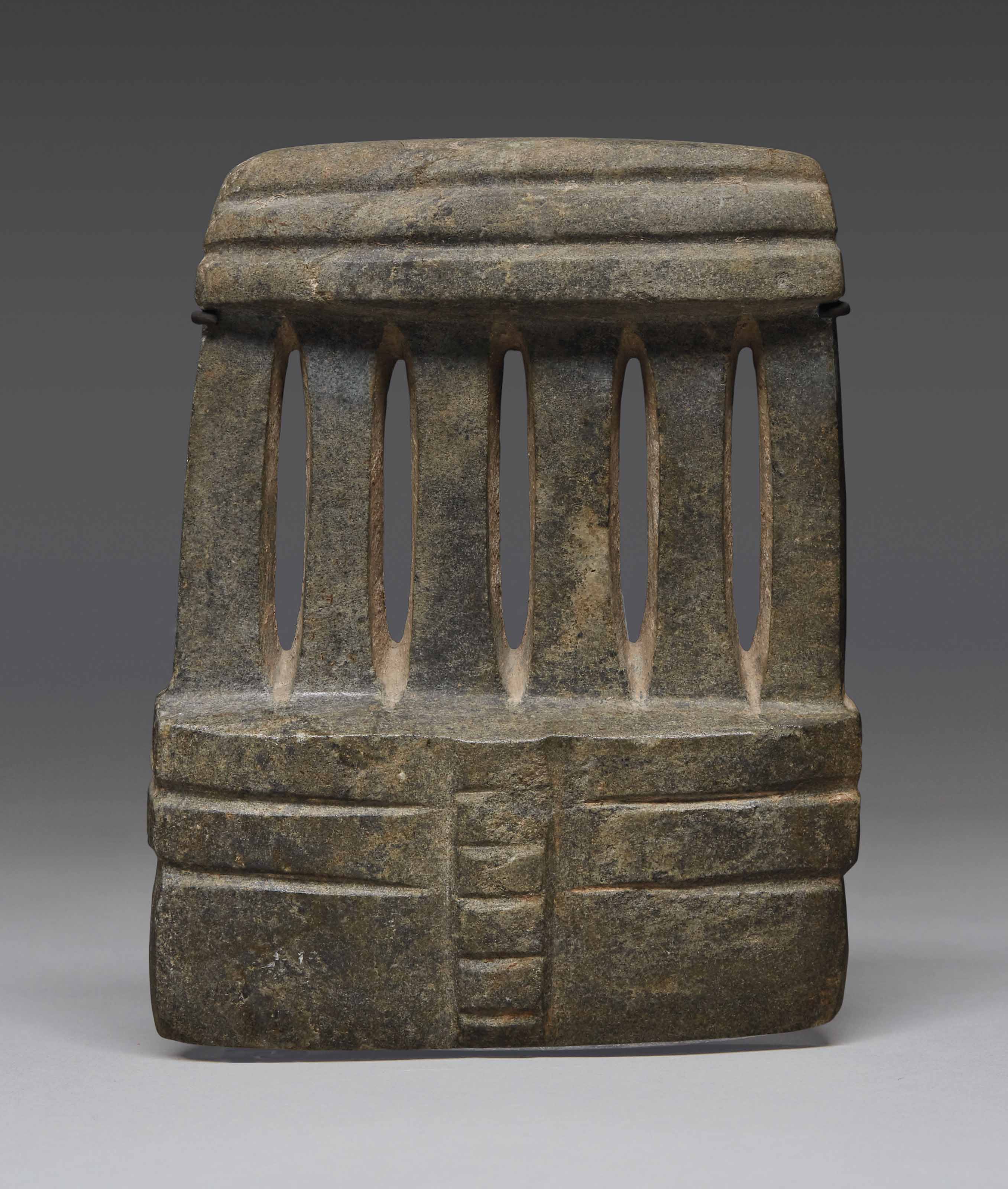 Imposing Mezcala stone temple model, Pre-Classic, circa 300-100 BC.&nbsp;Height: 7&frac12; in (19.2  cm). Sold for &euro;37,500 on 9 April 2018  at Christie&rsquo;s in Paris