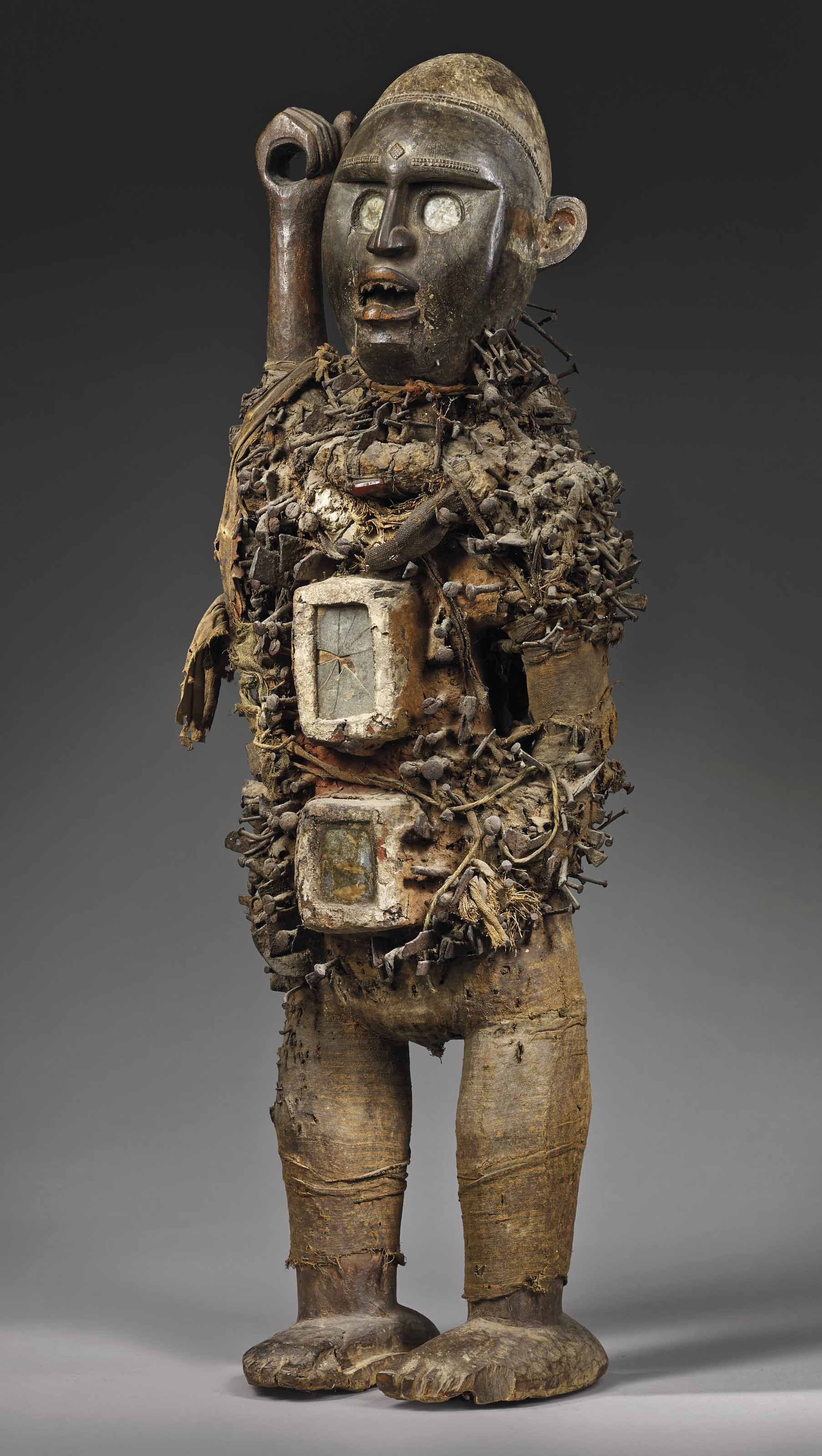 A&nbsp;Kongo-Yombe nkisi nkondi&nbsp; statue,&nbsp;Democratic Republic of Congo&nbsp;&mdash; a work in which some see a resemblance to Basquiat&rsquo;s Warrior. Height: 95 cm (37&frac12; in). Sold for &euro;727,500 on 27 June 2018 at Christie&rsquo;s in Paris