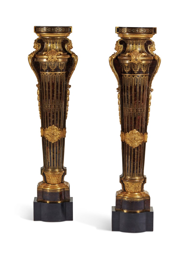 A pair of Louis XIV ormolu-mounted Boulle marquetry pedestals  by André-Charles Boulle, circa 1700. Height 129  cm (50¾  in). Sold for €727,500 on September 10 2018 at Christie’s in Paris