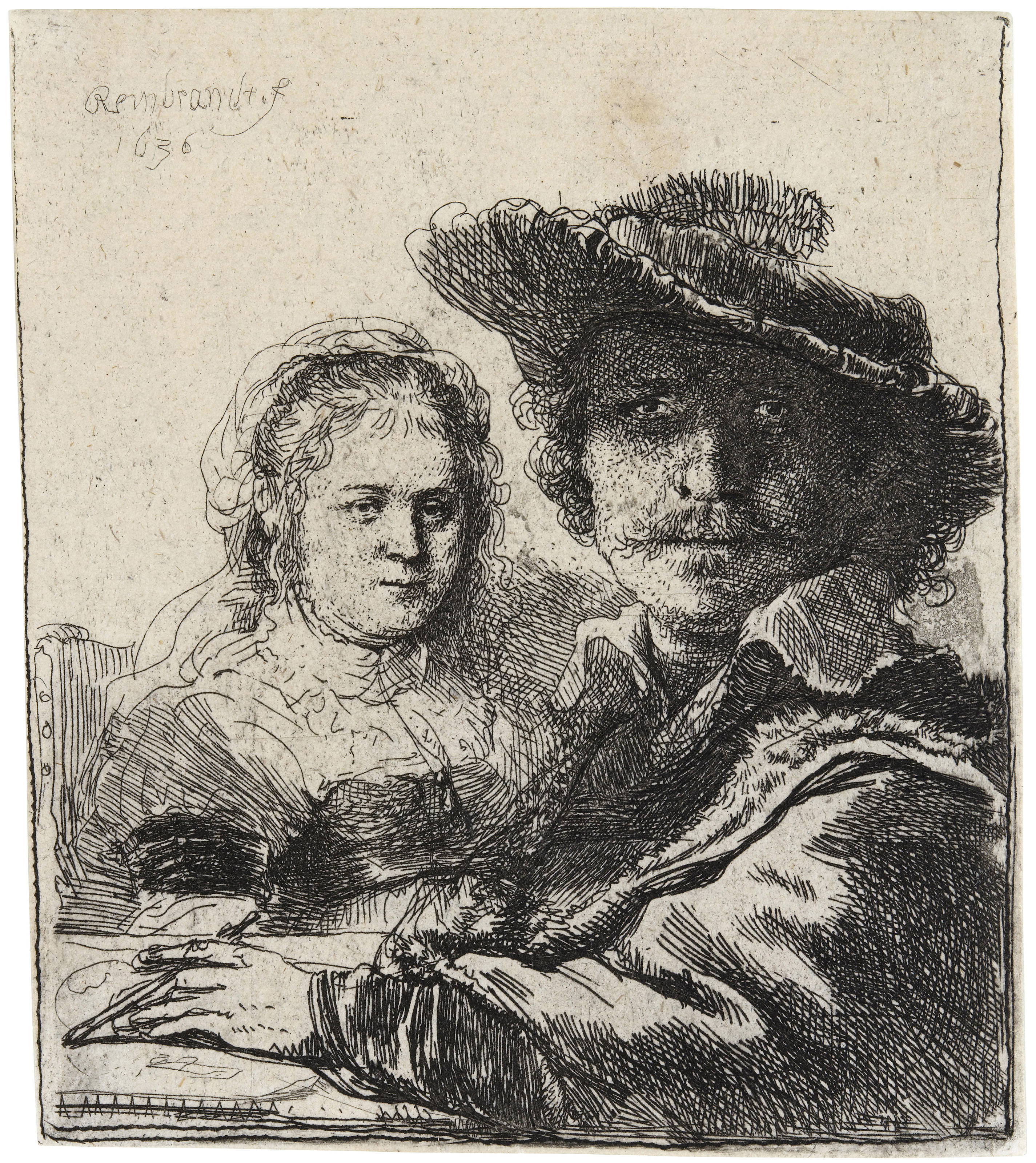 Rembrandt Harmensz. van Rijn (1606-1669), Self-portrait with Saskia. Plate &amp; sheet 103 x 91 mm. Sold for &pound;6,875 on 3 July 2019 at Christie&rsquo;s Online