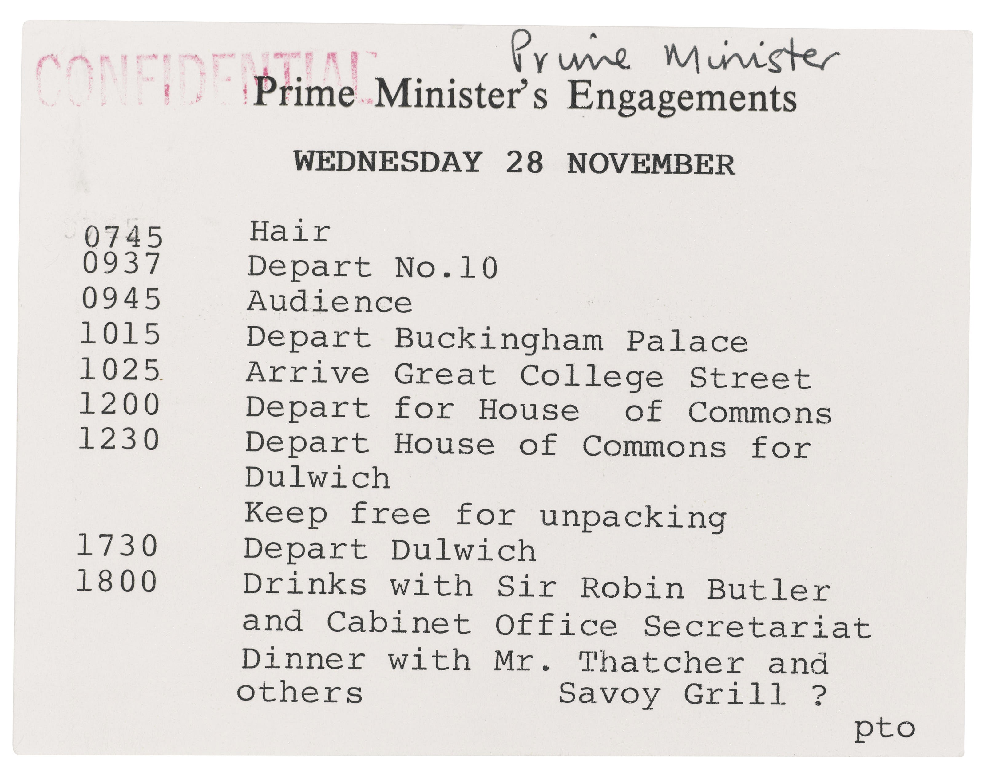 Last Day In Power Thatcher Margaret 1925 2013 Typed Engagements List For 28 November 1990 Thatcher M Christie S