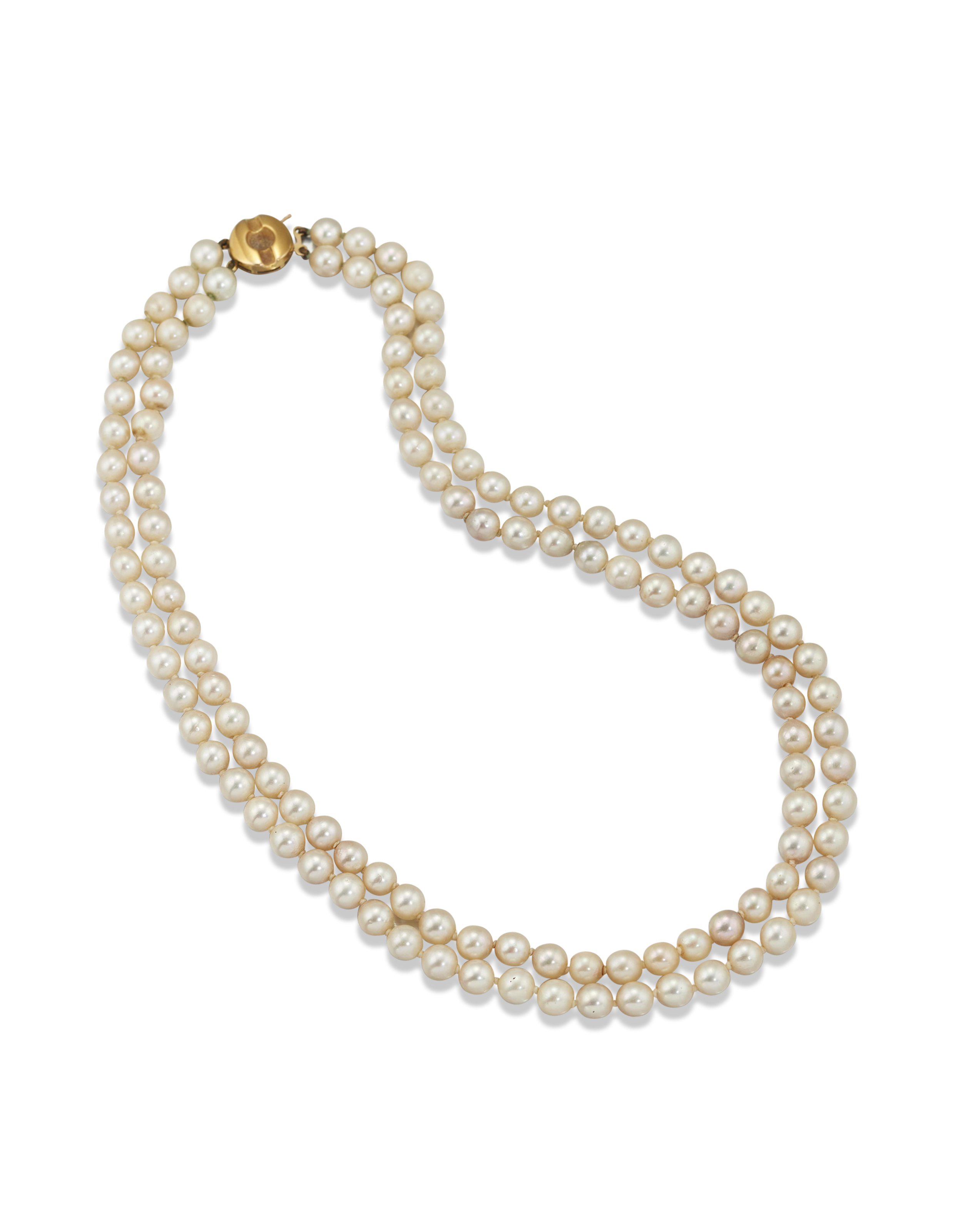 A TWOROW CULTURED PEARL NECKLACE, Each row of 58 cultured pearls