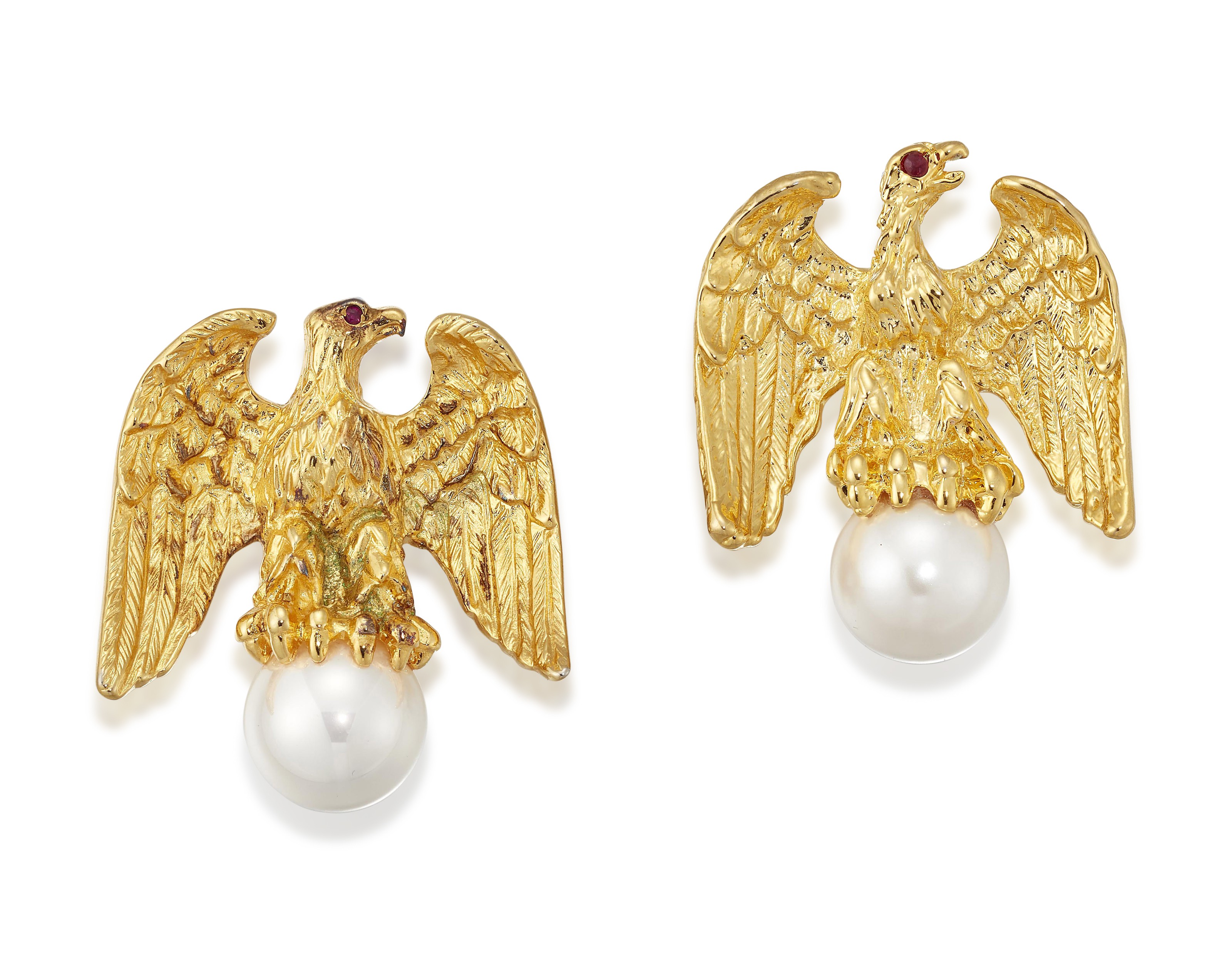 TWO GILT METAL IMITATION PEARL AND RUBY LIBERTY EAGLE BROOCHES
