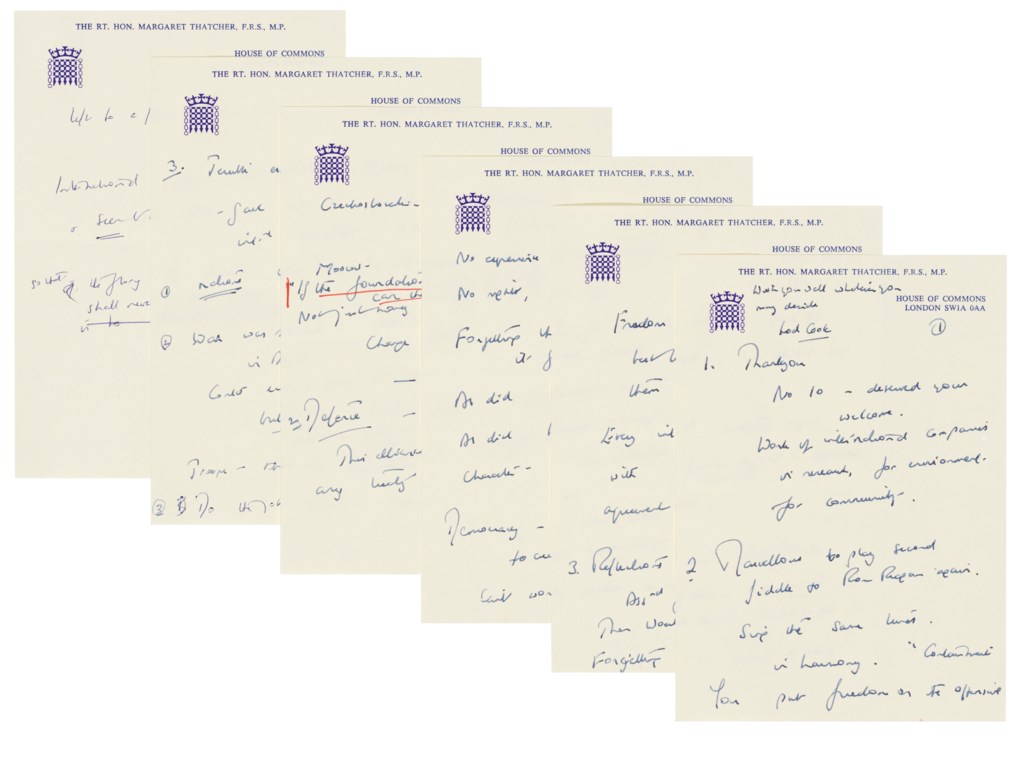 Thatcher Margaret 1925 2013 Autograph Speech Notes For A Dinner In Honour Of Margaret Thatcher And