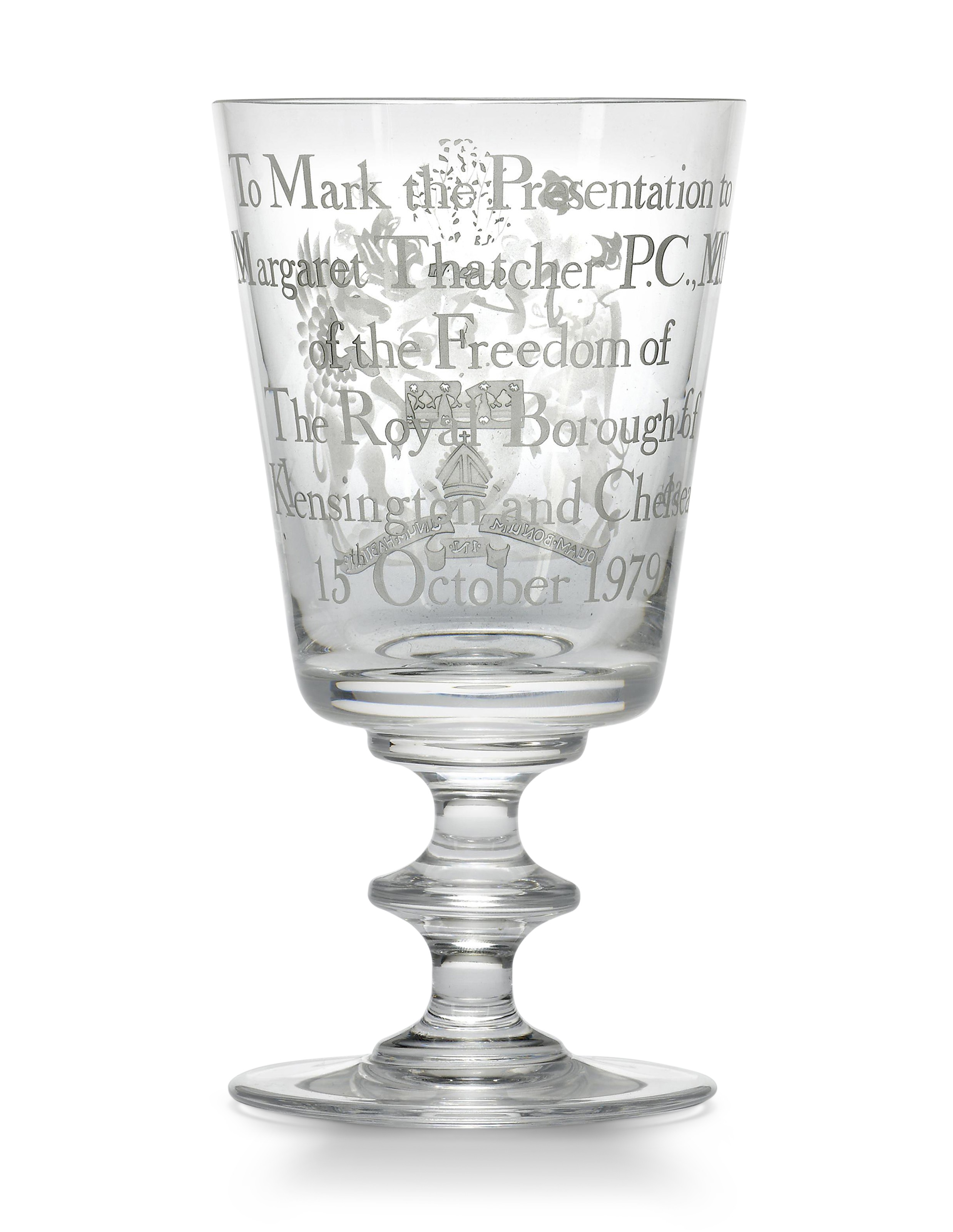 KENSINGTON & CHELSEA/CHILLINGTON TWO ENGRAVED GLASS GOBLETS, LATE 20TH
