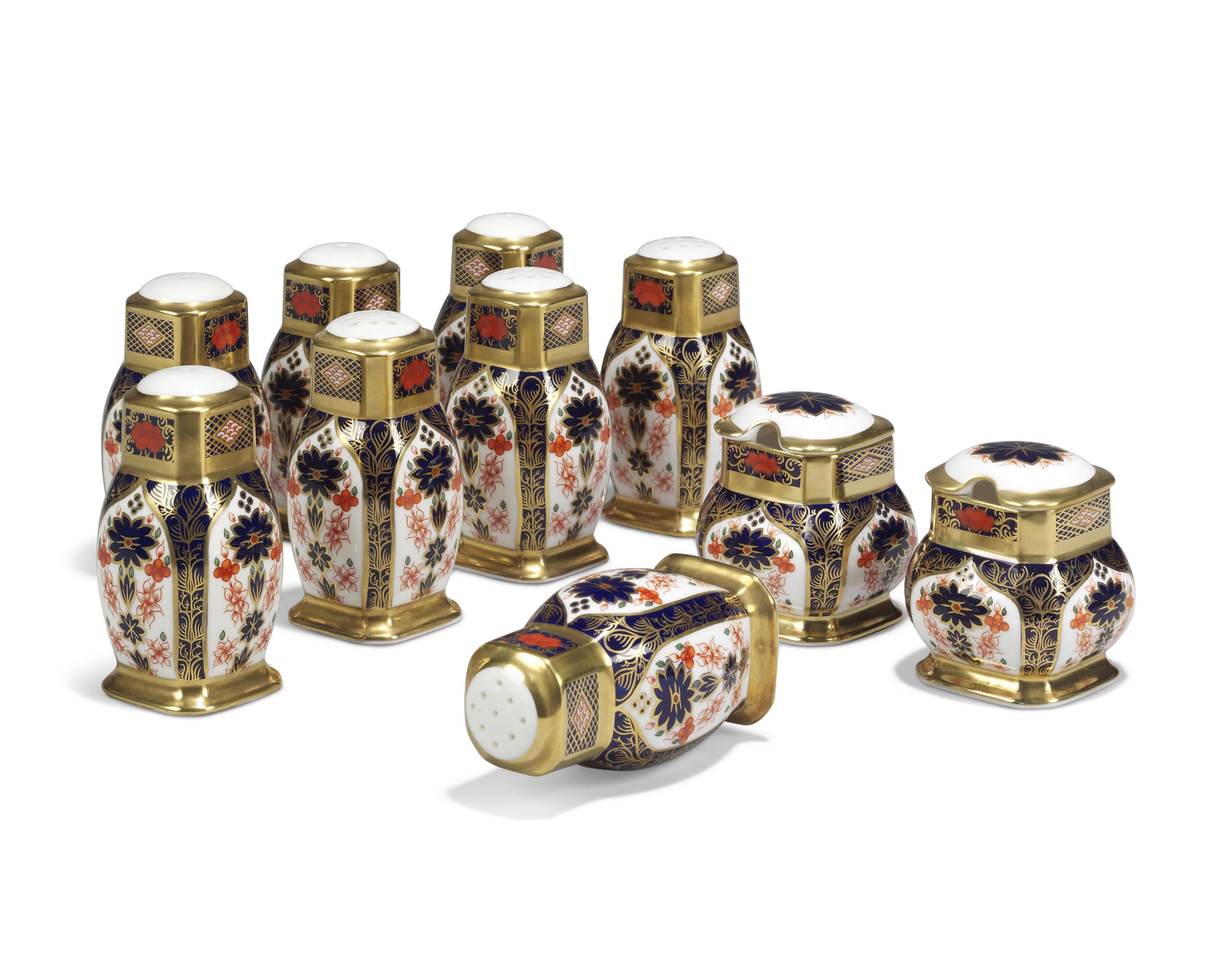 A GROUP OF EIGHT ROYAL CROWN DERBY PORCELAIN SALT AND PEPPER SHAKERS