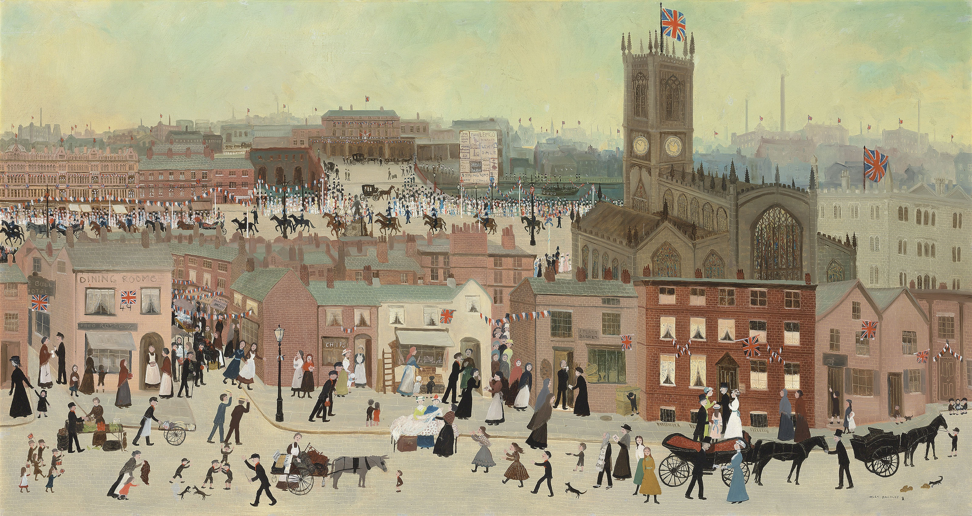 Helen Bradley (1900-1979), Oh It's the King and Queen. 38 x 72  in (96.7 x 183  cm). Estimate: &pound;70,000-100,000. Offered in Modern | British &amp; Irish Art  on 9 April 2019 at Christie&rsquo;s in London