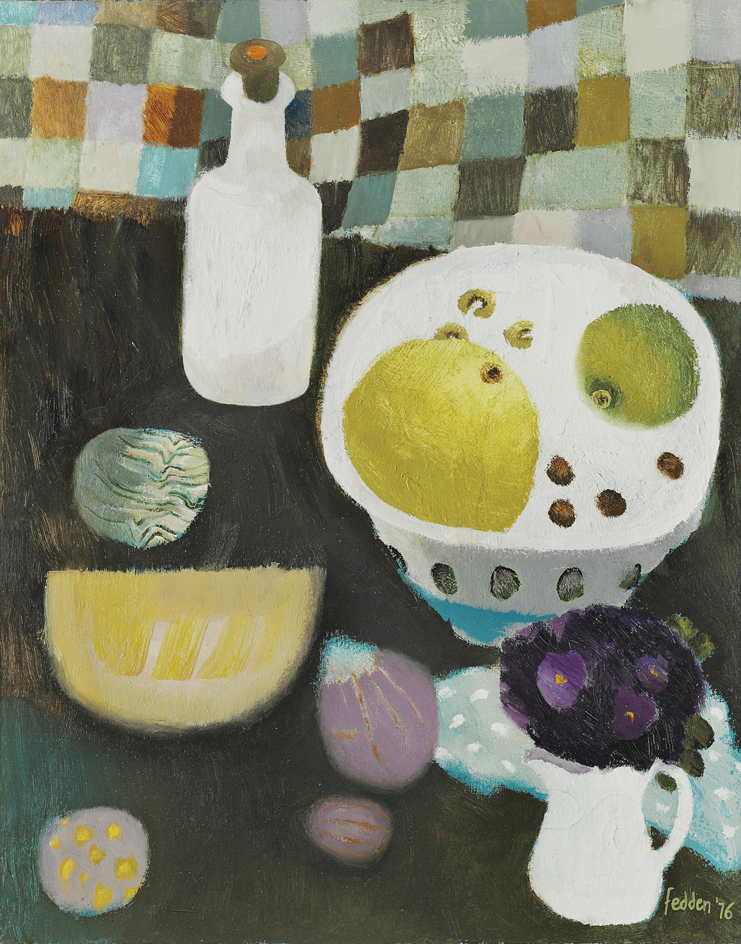Mary Fedden, R.A. (1915-2012), A Bowl of Fruit and Violets, 1976. 30 x 24  in (75.9 x 61.5  cm). Estimate: &pound;12,000-18,000. Offered in Modern | British &amp; Irish Art&nbsp;on 9 April 2019 at Christie&rsquo;s in London