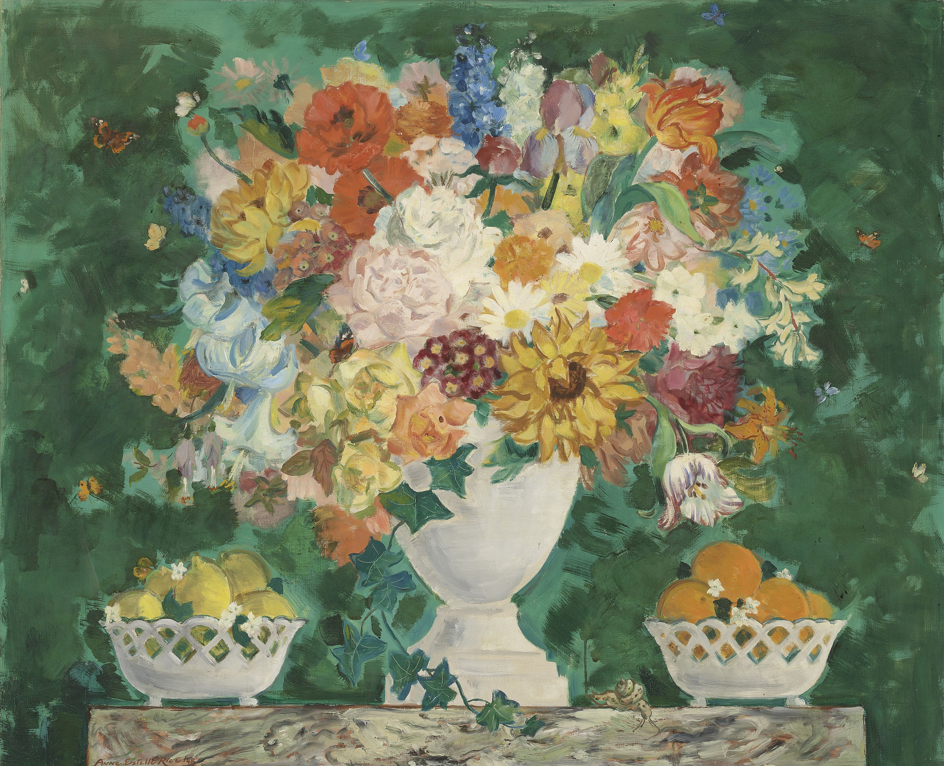 Anne Estelle Rice (1875-1959), Oranges, Lemons and a Vase of Flowers, 1948. 37 x 45  in (94 x 114.3 cm). Estimate: &pound;15,000-25,000. Offered in Modern | British &amp; Irish Art&nbsp;on 9 April 2019 at Christie&rsquo;s in London