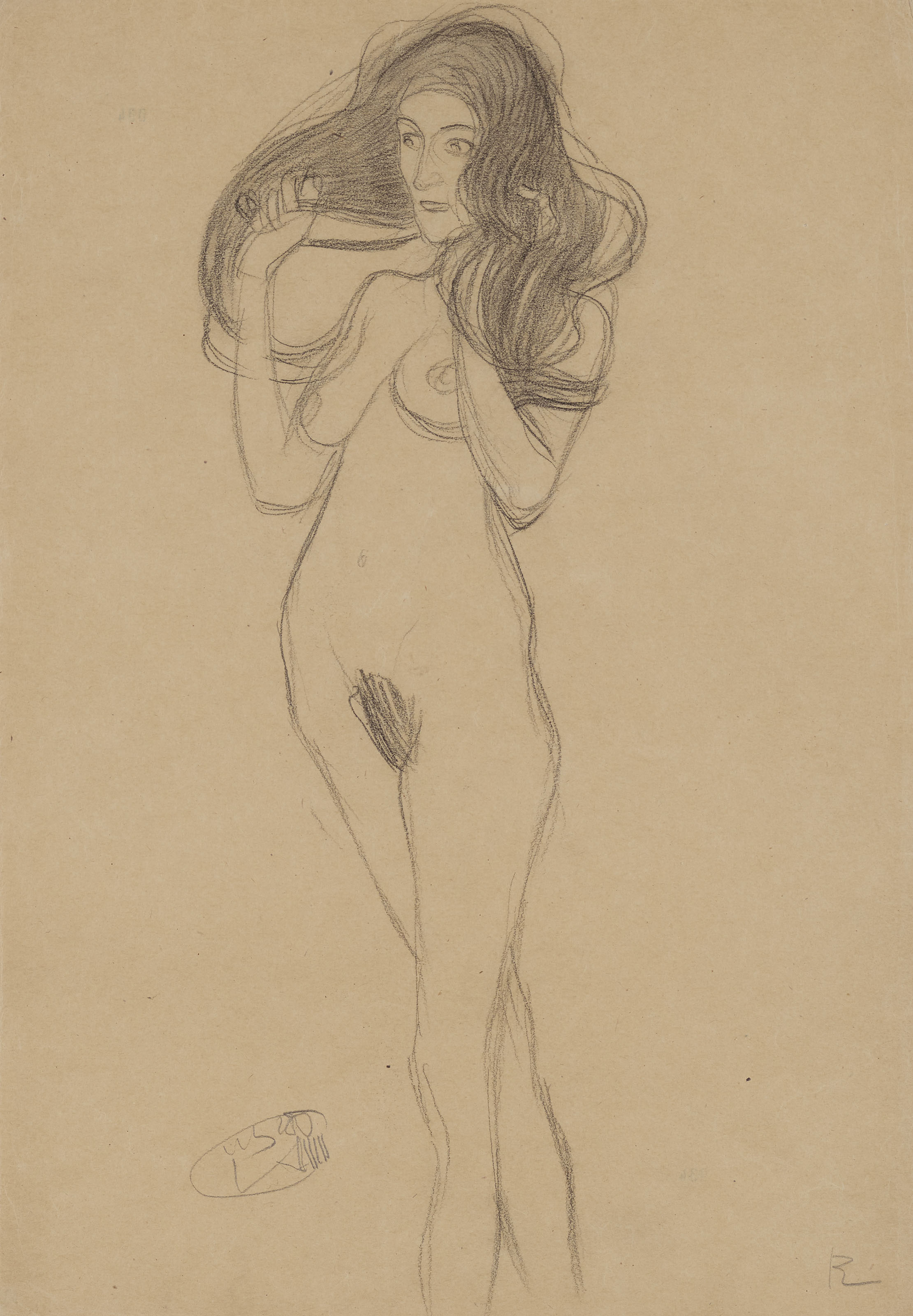 Stehender Mädchenakt nach links, die Haare mit den Händen haltend (Standing Female Nude Turning Left, Holding her Hair)