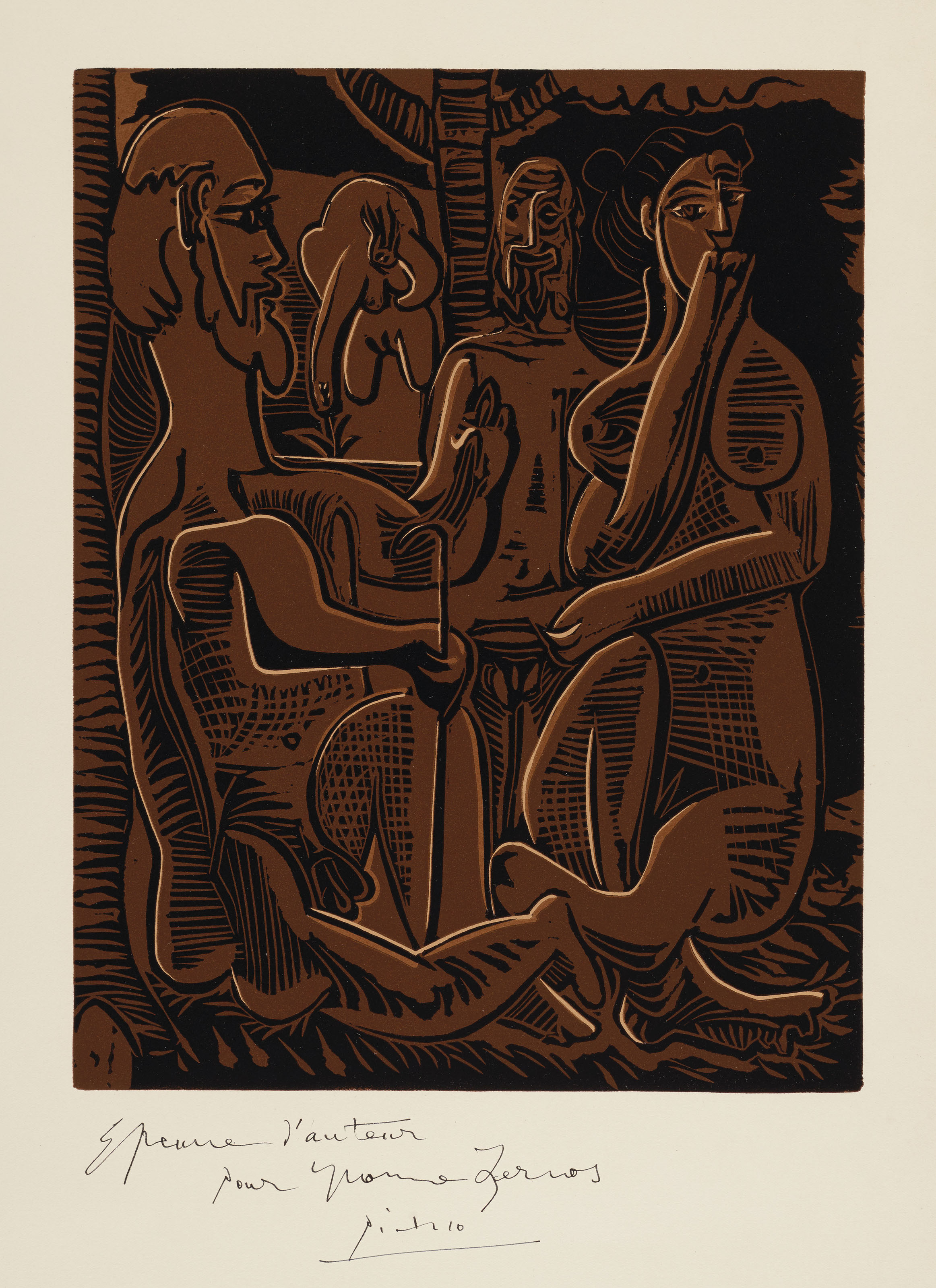 Pablo Picasso (1881-1973), Petit d&eacute;jeuner sur l&rsquo;herbe, d'apr&egrave;s Manet, 1963. Linocut in two shades of brown and black. Block 348 x 269  mm, sheet 625 x 440  mm. This lot was offered in Prints &amp; Multiples on 21 March 2019 at Christie&rsquo;s in London and sold for &pound;16,250