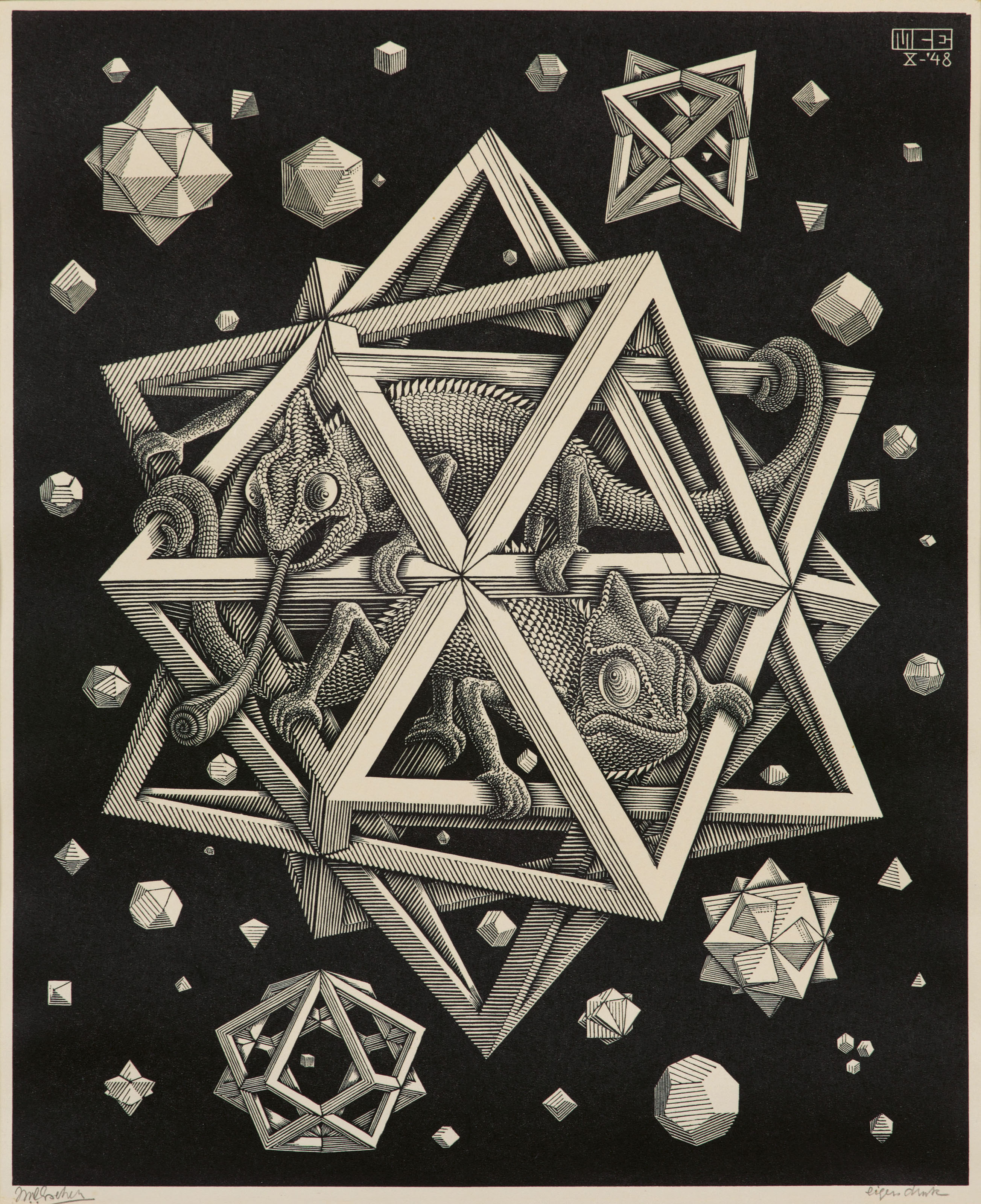 Maurits Cornelis Escher (1898-1972), Stars, 1948. Wood engraving on Japan paper, signed in pencil. Image 320 x 260  mm, sheet 398 x 328  mm. This lot was offered in Prints &amp; Multiples on 21 March 2019 at Christie&rsquo;s in London and sold for &pound;13,750